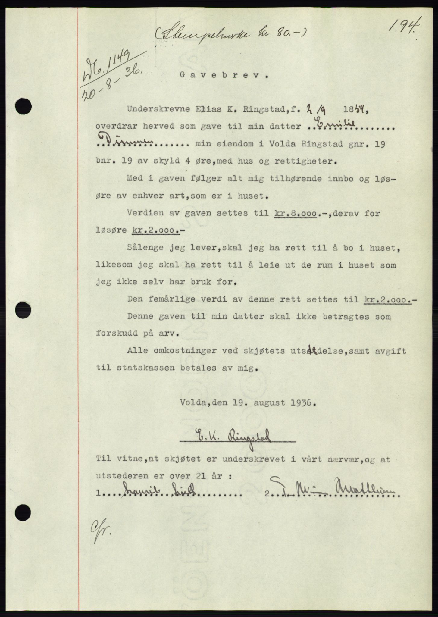 Søre Sunnmøre sorenskriveri, SAT/A-4122/1/2/2C/L0061: Pantebok nr. 55, 1936-1936, Dagboknr: 1149/1936