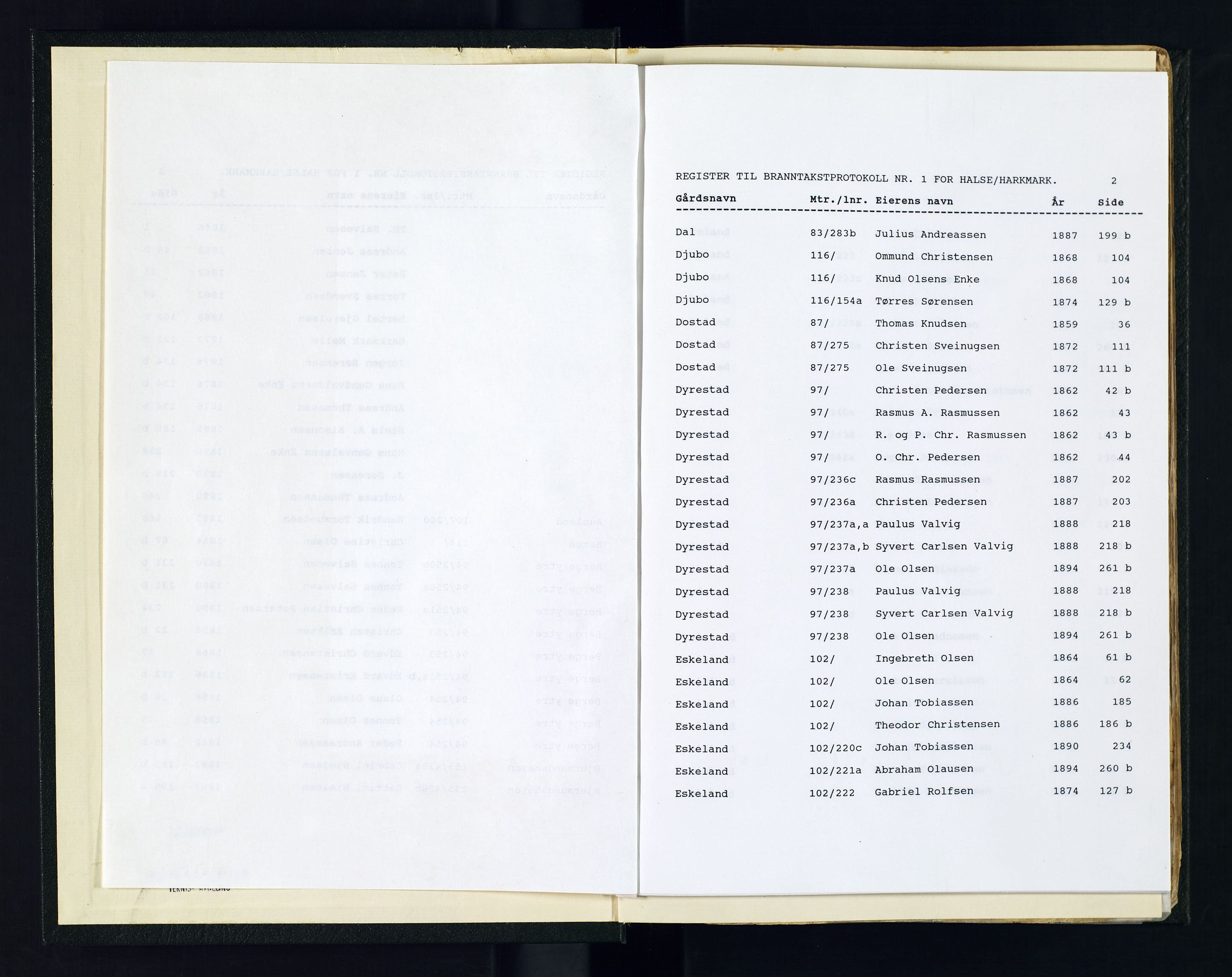 Norges Brannkasse Halse og Harkmark, AV/SAK-2241-0020/F/Fa/L0001: Branntakstprotokoll nr. 1 med gårdsnavnregister, 1846-1894