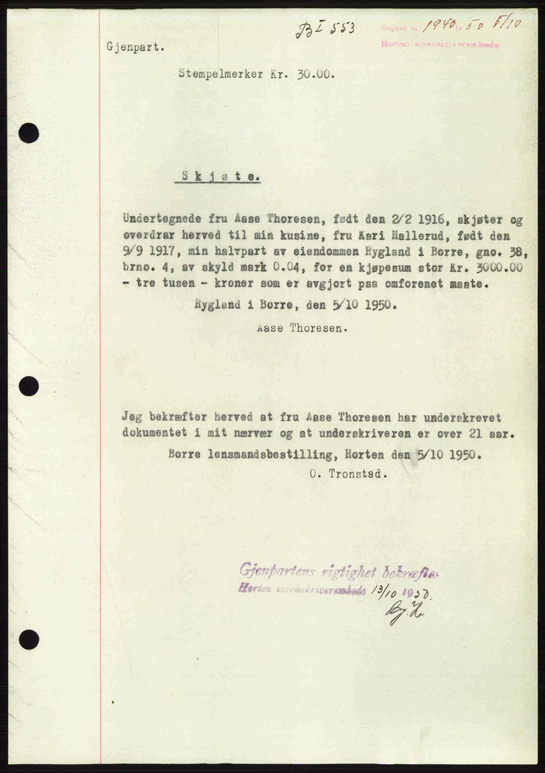 Horten sorenskriveri, SAKO/A-133/G/Ga/Gaa/L0016: Pantebok nr. A-16, 1950-1950, Dagboknr: 1940/1950