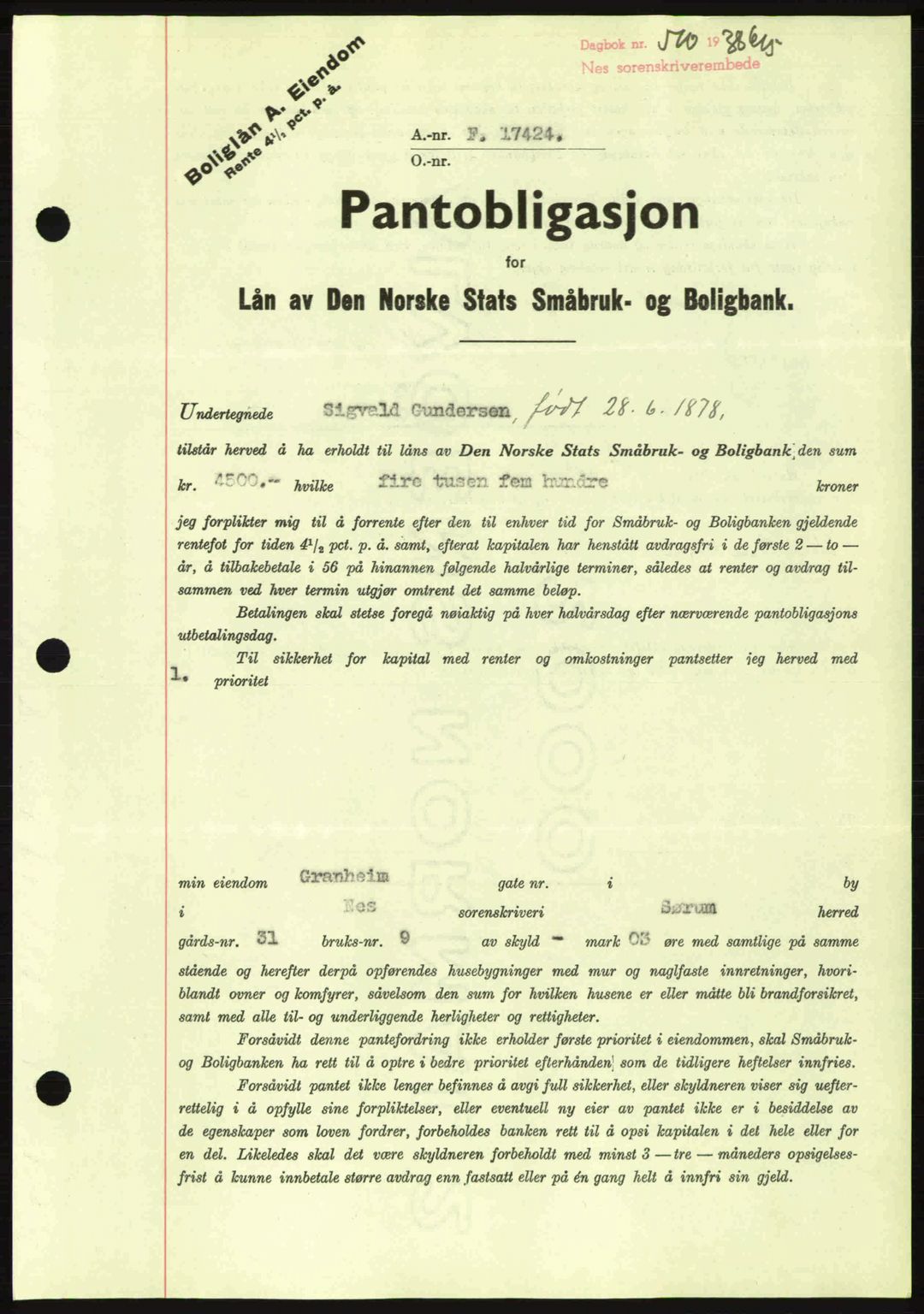 Nes tingrett, SAO/A-10548/G/Gb/Gbb/L0006: Pantebok nr. 50, 1938-1938, Dagboknr: 510/1938