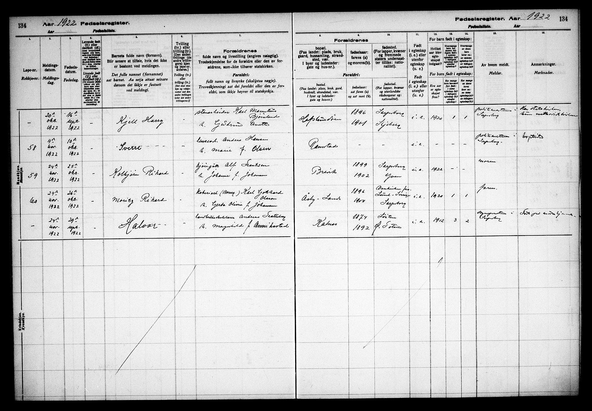 Tune prestekontor Kirkebøker, AV/SAO-A-2007/J/Ja/L0001: Fødselsregister nr. I 1, 1916-1928, s. 134