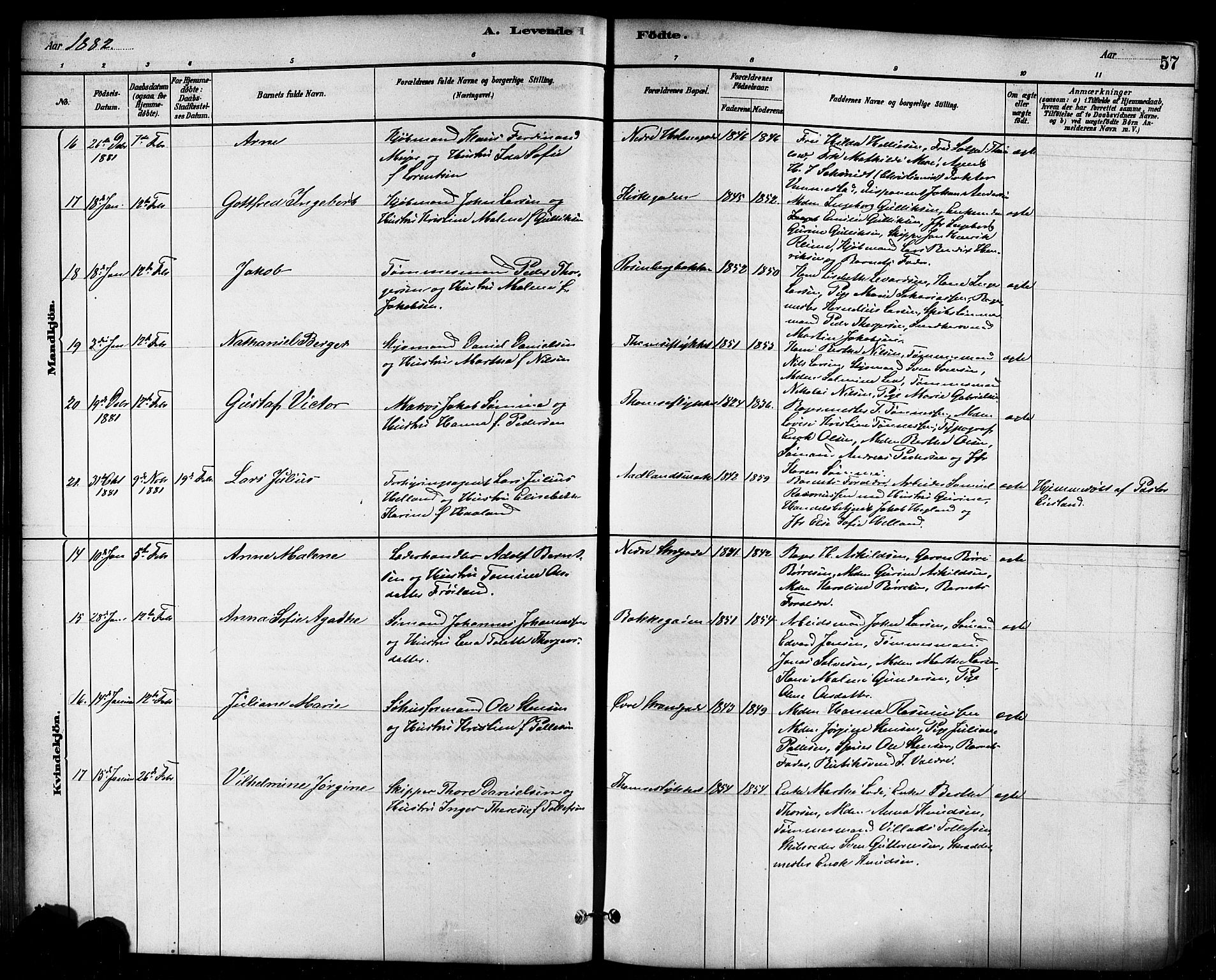 Domkirken sokneprestkontor, AV/SAST-A-101812/001/30/30BB/L0015: Klokkerbok nr. B 15, 1880-1891, s. 57
