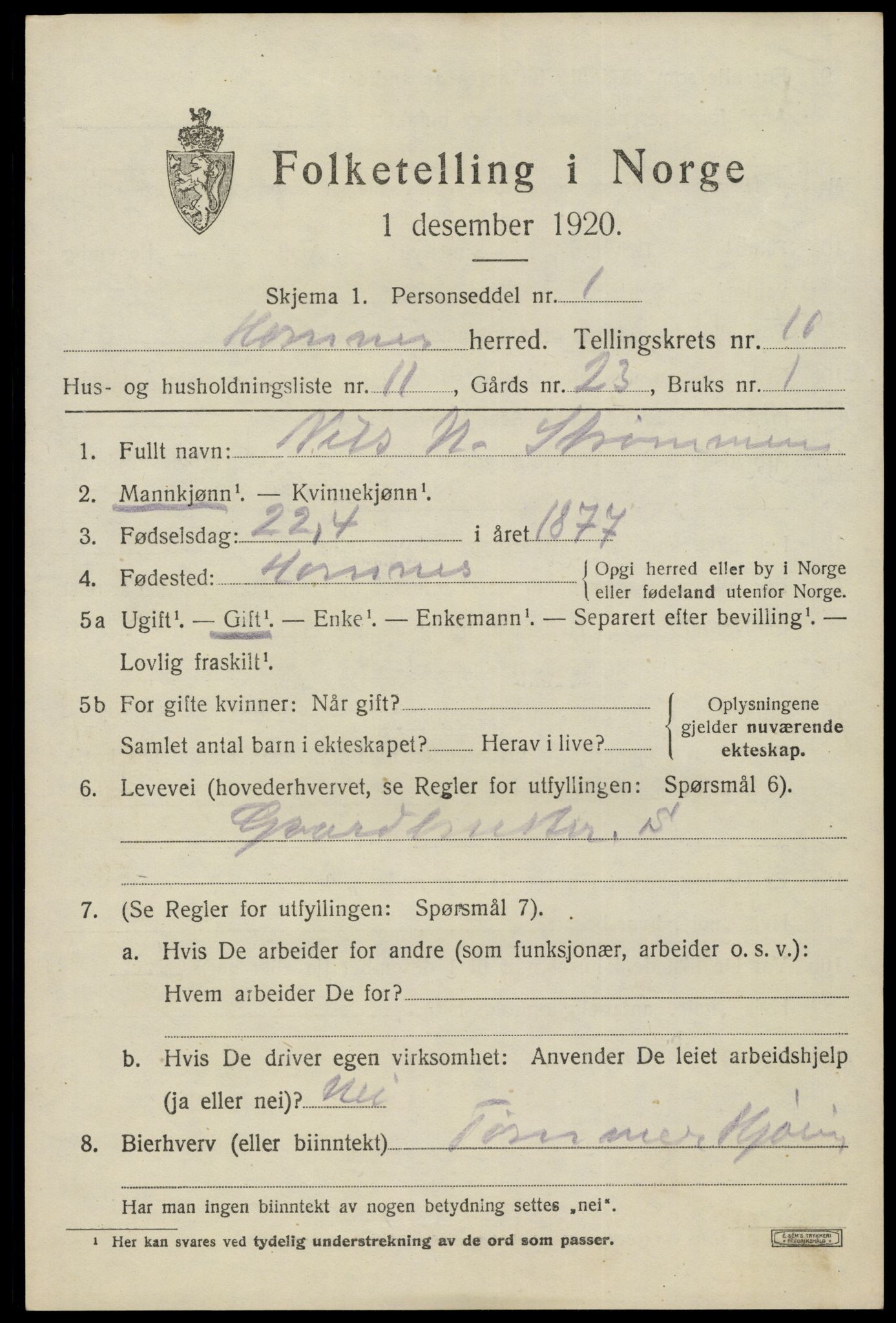SAK, Folketelling 1920 for 0936 Hornnes herred, 1920, s. 2615