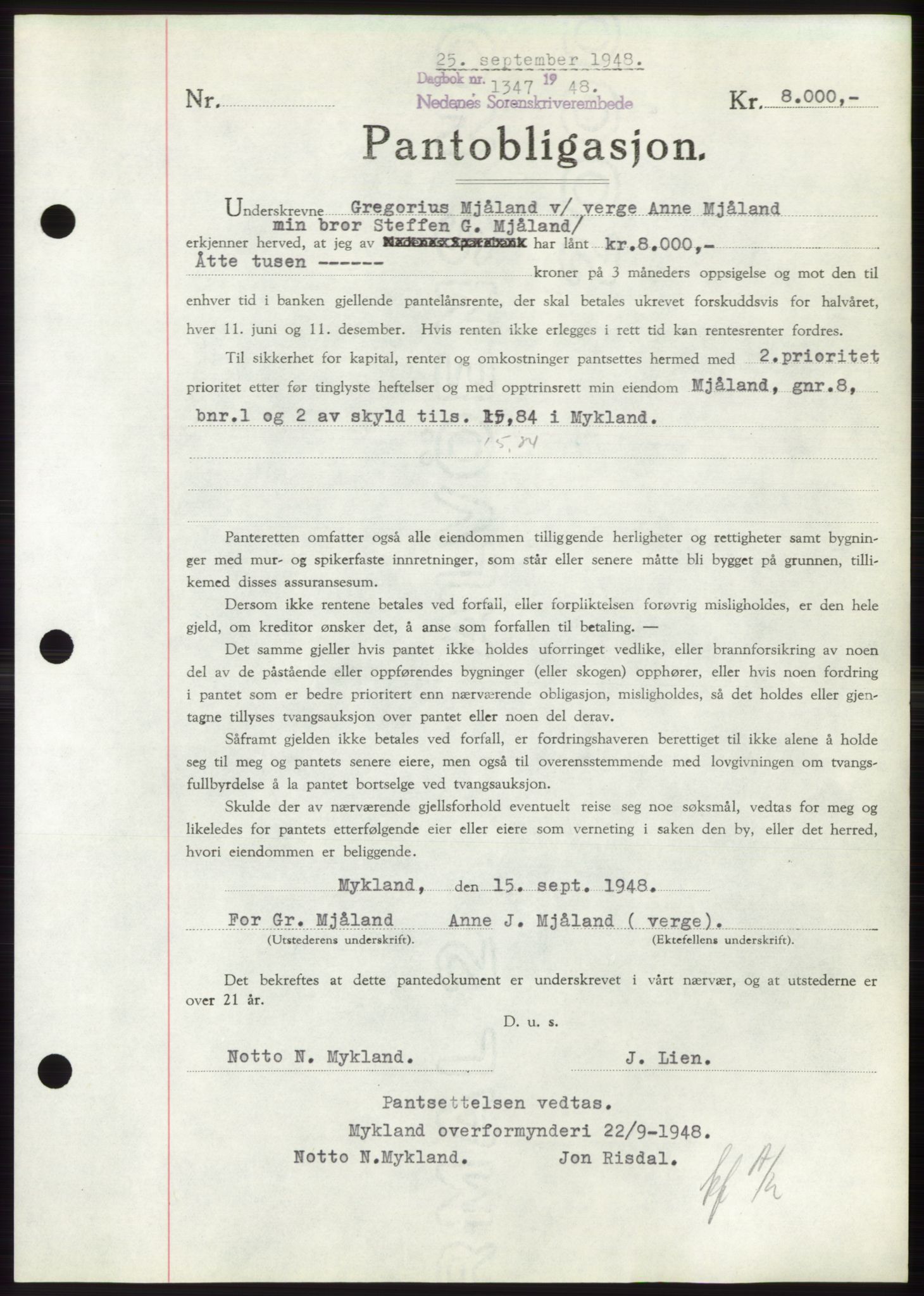 Nedenes sorenskriveri, AV/SAK-1221-0006/G/Gb/Gbb/L0005: Pantebok nr. B5, 1948-1948, Dagboknr: 1347/1948