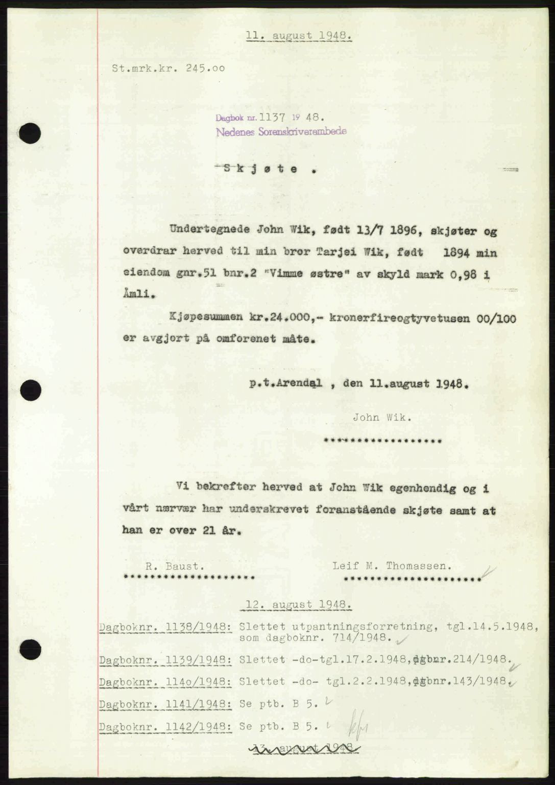 Nedenes sorenskriveri, AV/SAK-1221-0006/G/Gb/Gba/L0059: Pantebok nr. A11, 1948-1948, Dagboknr: 1137/1948