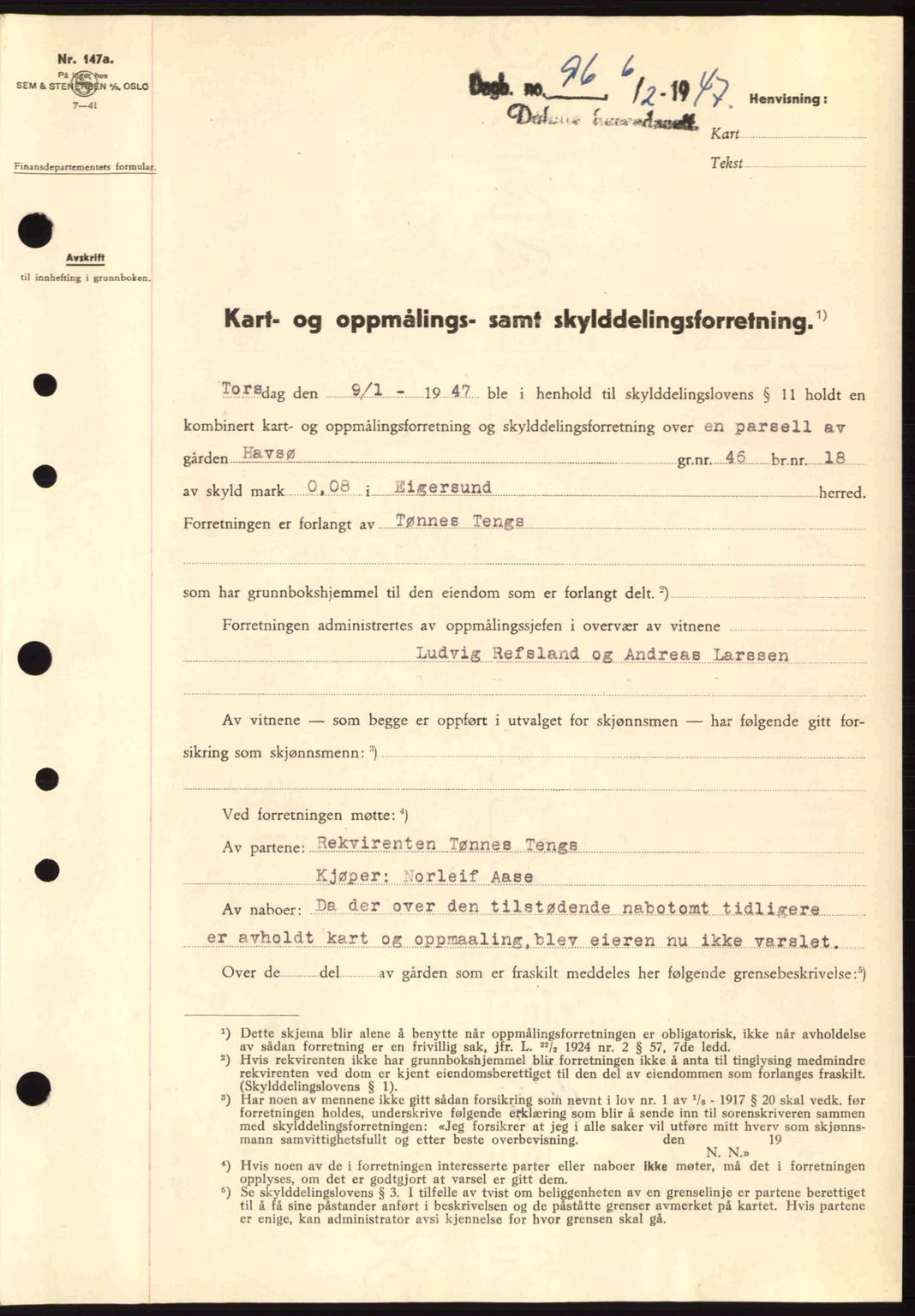 Dalane sorenskriveri, SAST/A-100309/02/G/Gb/L0049: Pantebok nr. A9, 1946-1947, Dagboknr: 96/1947