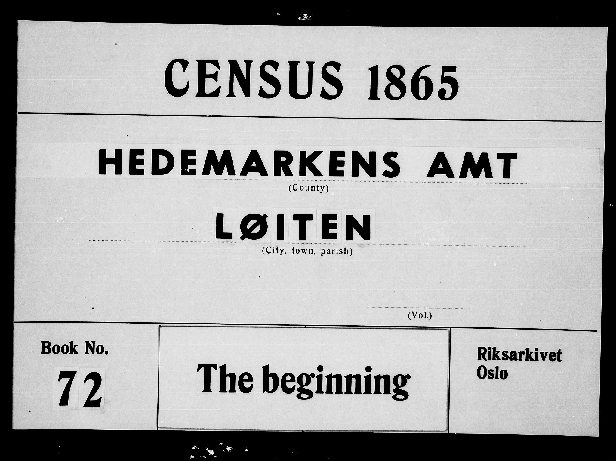 RA, Folketelling 1865 for 0415P Løten prestegjeld, 1865, s. 1