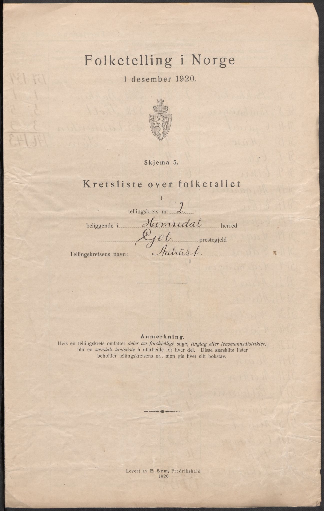 SAKO, Folketelling 1920 for 0618 Hemsedal herred, 1920, s. 8