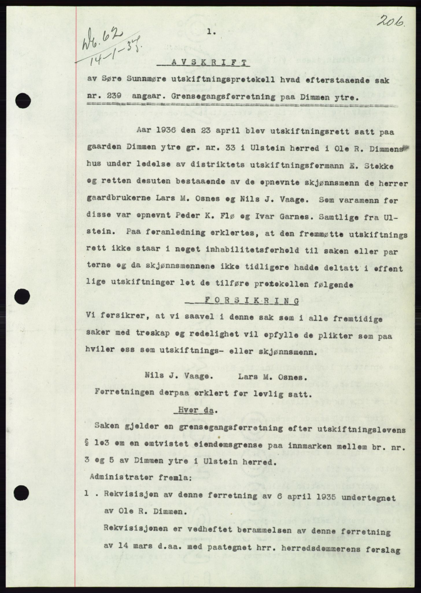 Søre Sunnmøre sorenskriveri, SAT/A-4122/1/2/2C/L0062: Pantebok nr. 56, 1936-1937, Dagboknr: 62/1937