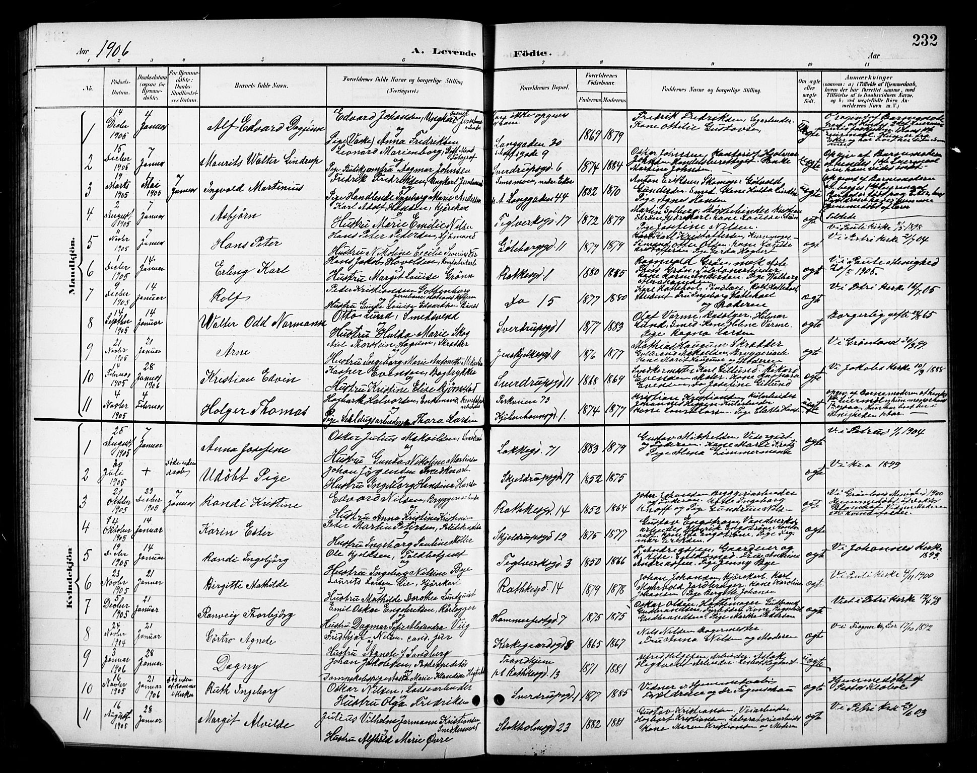 Petrus prestekontor Kirkebøker, AV/SAO-A-10872/G/Ga/L0003: Klokkerbok nr. 3, 1899-1913, s. 232