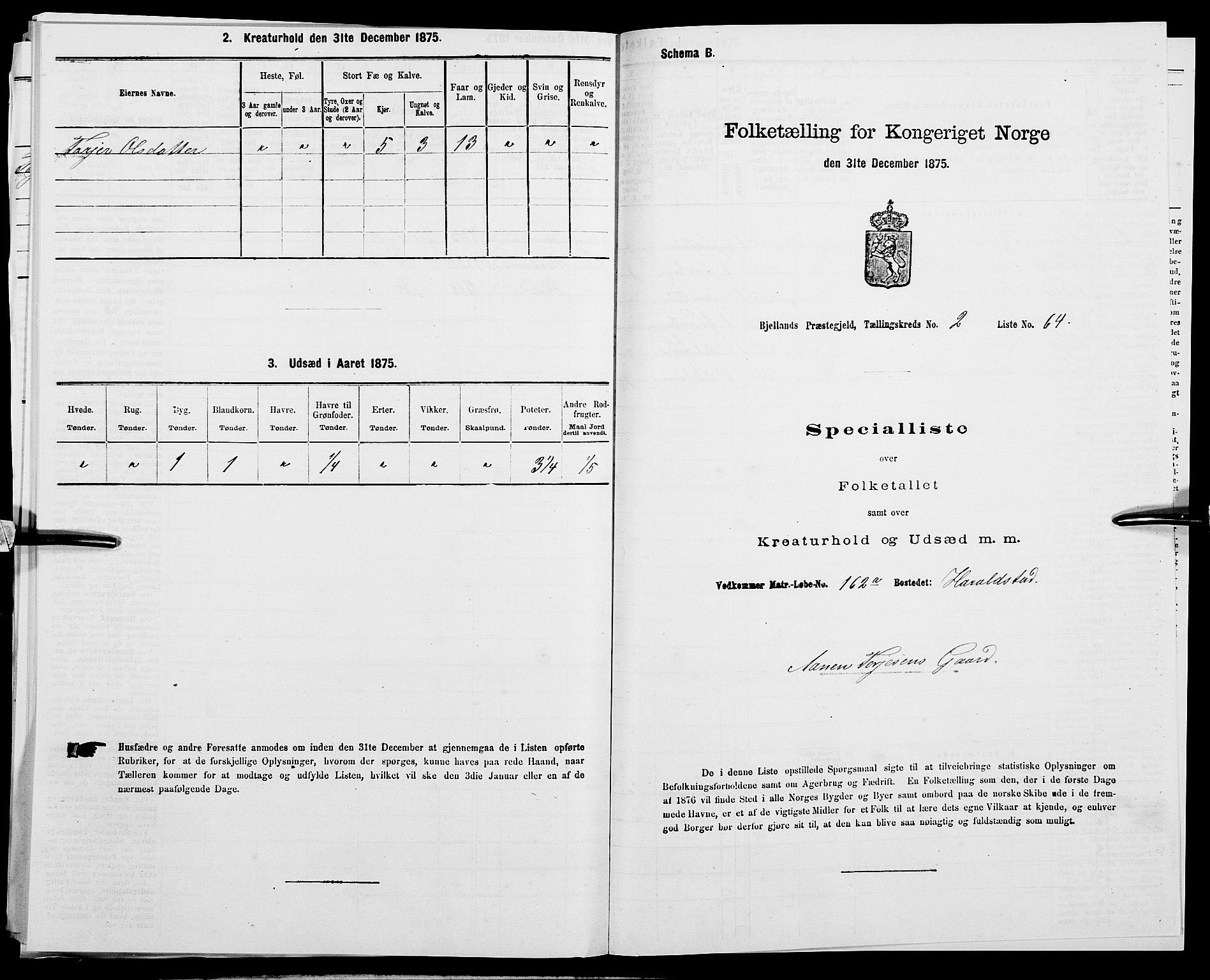 SAK, Folketelling 1875 for 1024P Bjelland prestegjeld, 1875, s. 260