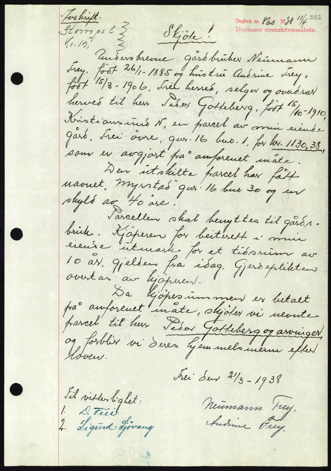 Nordmøre sorenskriveri, SAT/A-4132/1/2/2Ca: Pantebok nr. A83, 1938-1938, Dagboknr: 860/1938