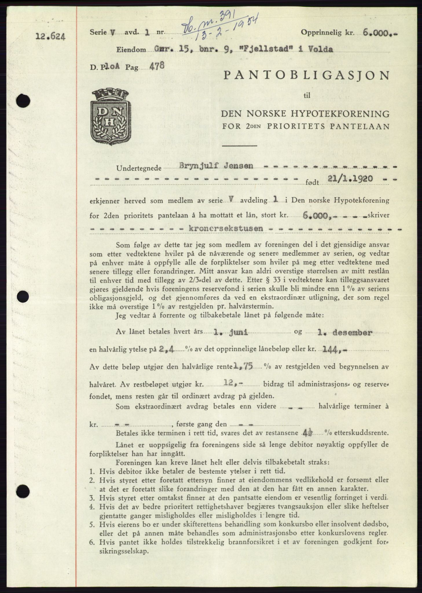 Søre Sunnmøre sorenskriveri, AV/SAT-A-4122/1/2/2C/L0124: Pantebok nr. 12B, 1953-1954, Dagboknr: 391/1954