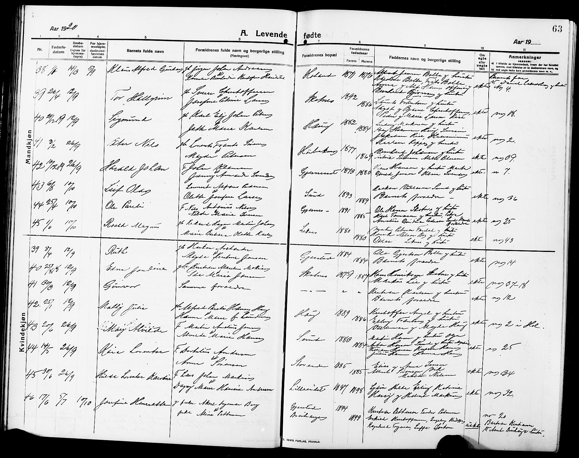 Ministerialprotokoller, klokkerbøker og fødselsregistre - Nordland, AV/SAT-A-1459/881/L1169: Klokkerbok nr. 881C06, 1912-1930, s. 63