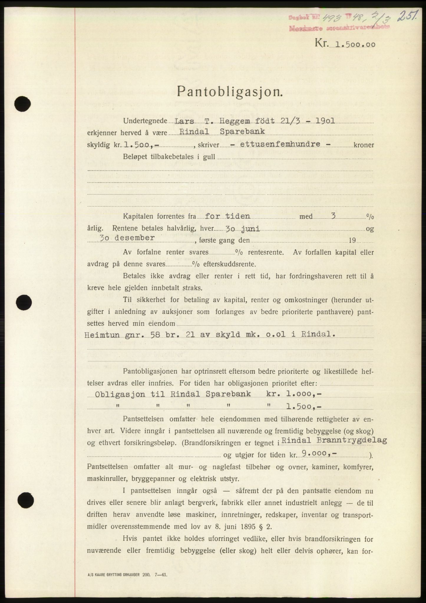Nordmøre sorenskriveri, SAT/A-4132/1/2/2Ca: Pantebok nr. B98, 1948-1948, Dagboknr: 493/1948
