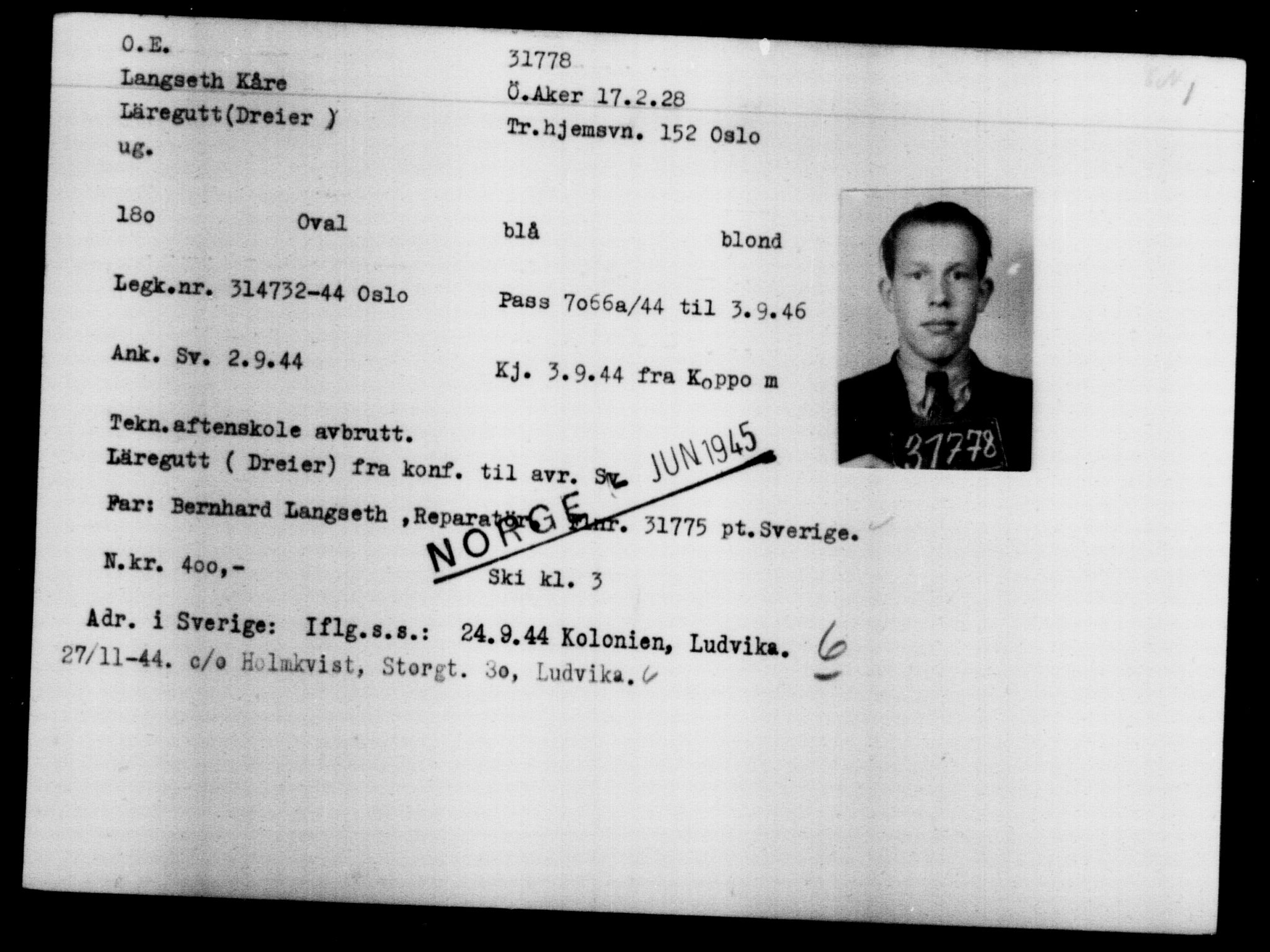 Utenriksstasjonene, Legasjonen i Stockholm, Flyktningkontoret, AV/RA-S-6753/V/Va/L0013: Kjesäterkartoteket, flyktninger med registreringsnr. 31500-34731, 1940-1945, s. 309