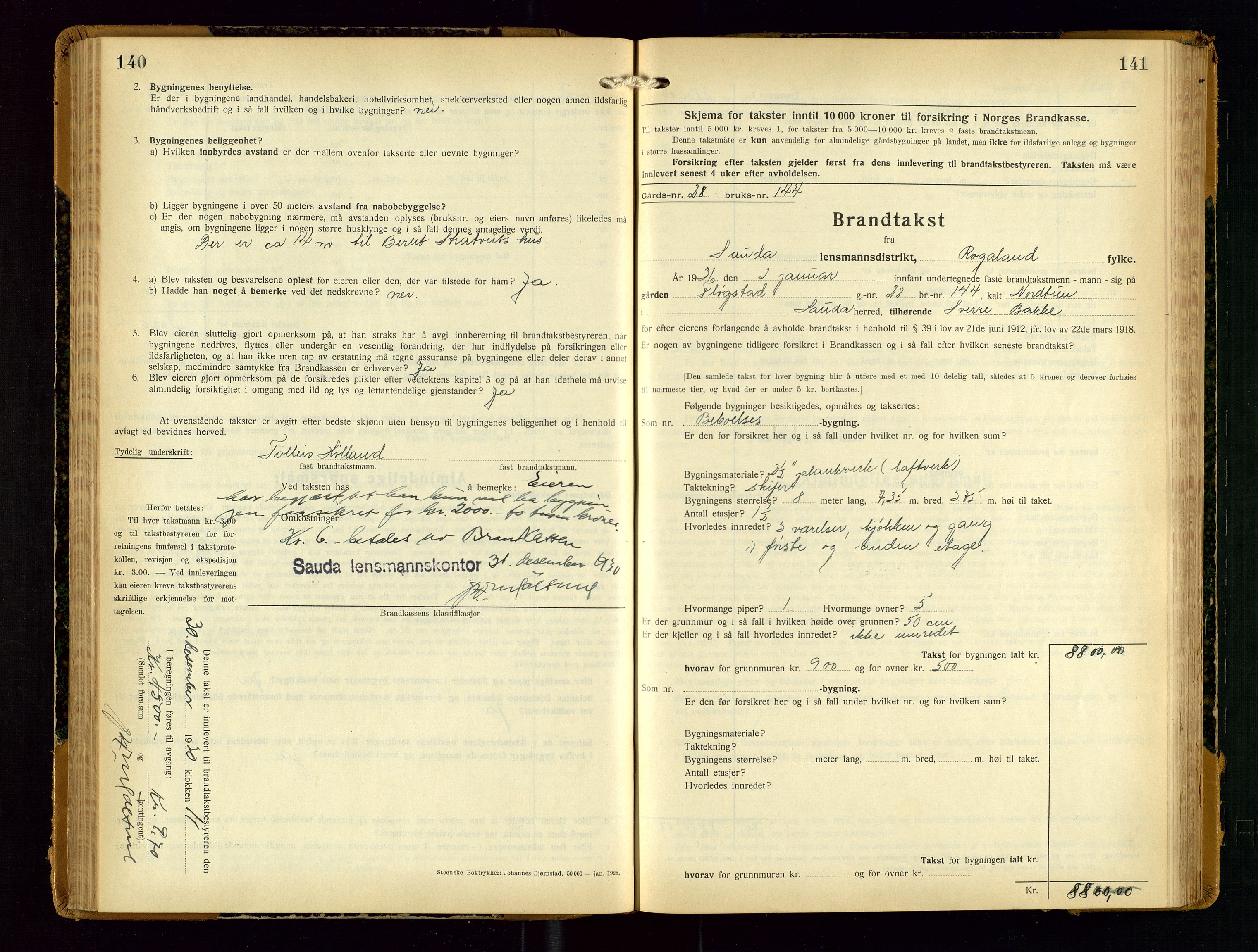 Sauda lensmannskontor, AV/SAST-A-100177/Gob/L0003: Branntakstprotokoll - skjematakst, 1928-1936, s. 140-141