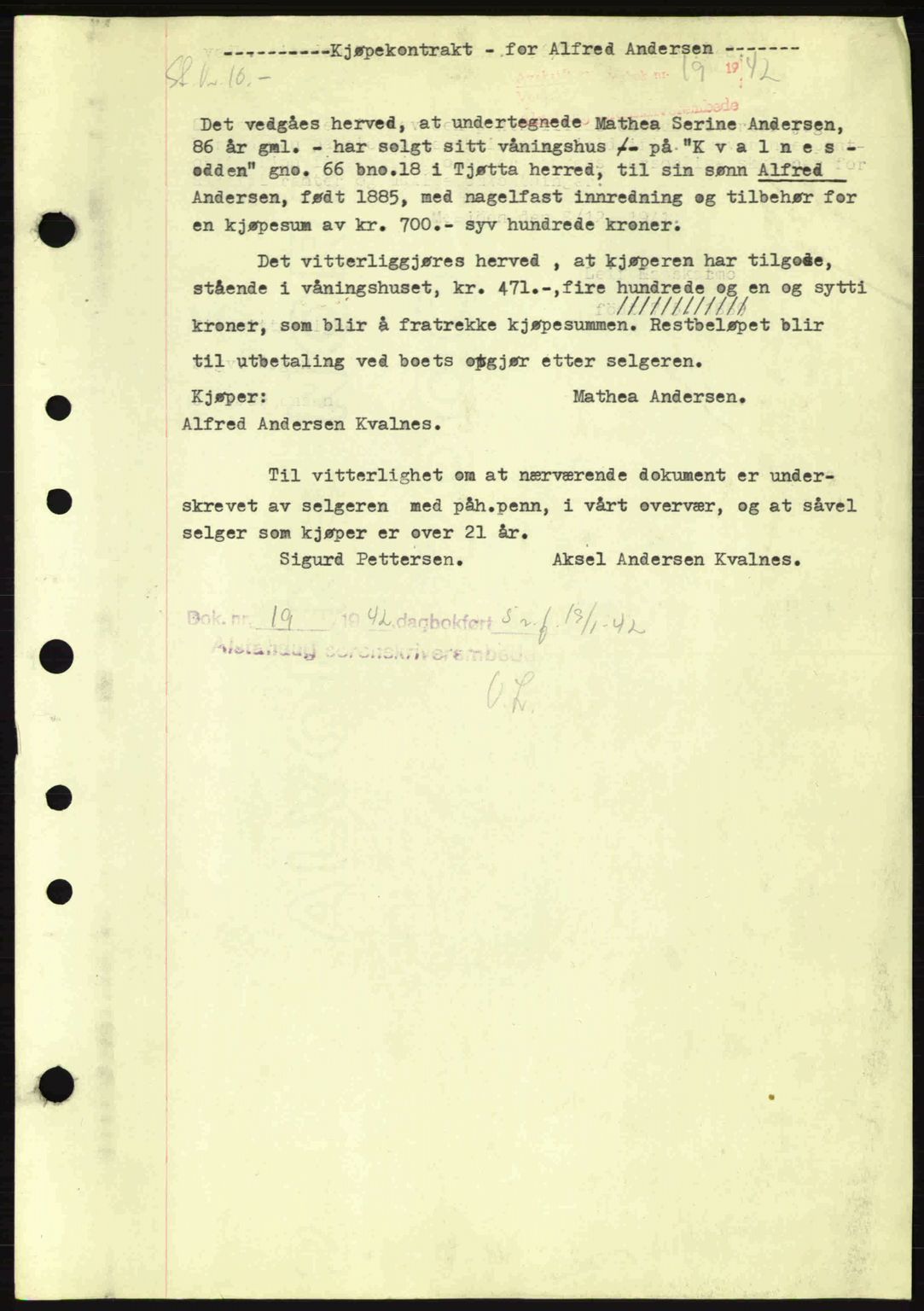 Alstahaug sorenskriveri, SAT/A-1009: Pantebok nr. A2a, 1942-1945, Dagboknr: 19/1942