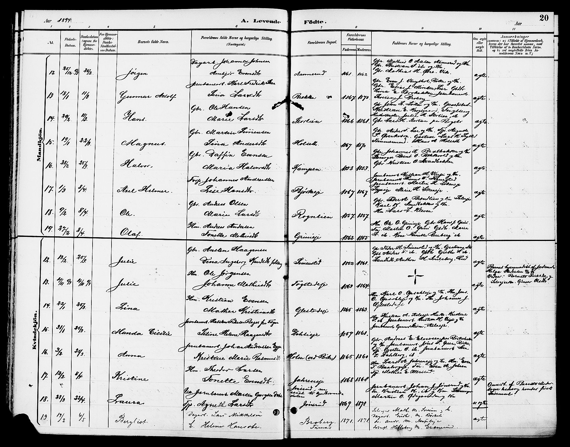 Ringsaker prestekontor, AV/SAH-PREST-014/L/La/L0014: Klokkerbok nr. 14, 1891-1904, s. 20