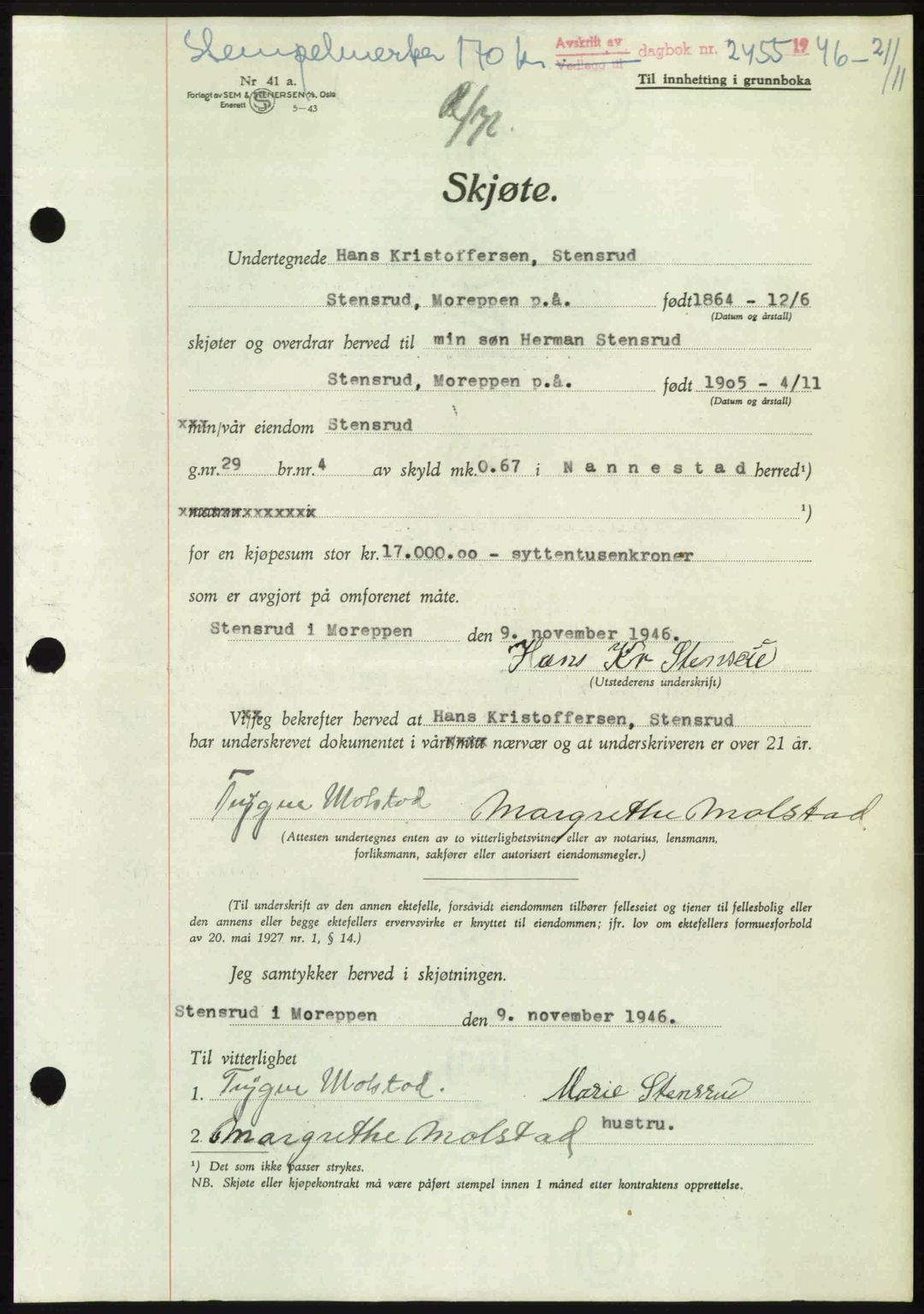 Eidsvoll tingrett, SAO/A-10371/G/Gb/Gbb/L0015: Pantebok nr. A43, 1946-1947, Dagboknr: 2455/1946