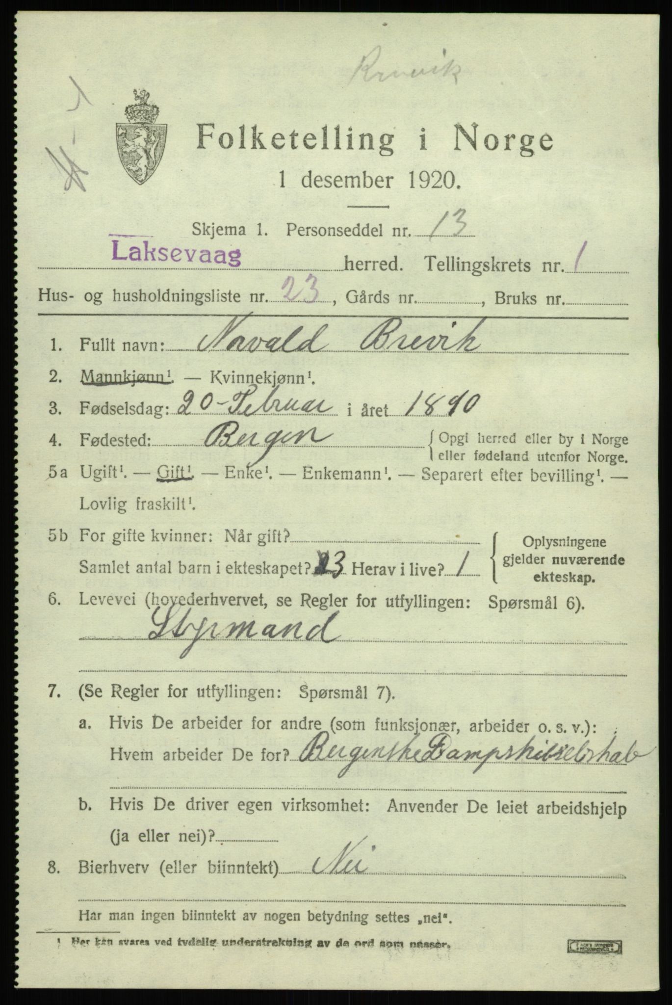 SAB, Folketelling 1920 for 1248 Laksevåg herred, 1920, s. 2588