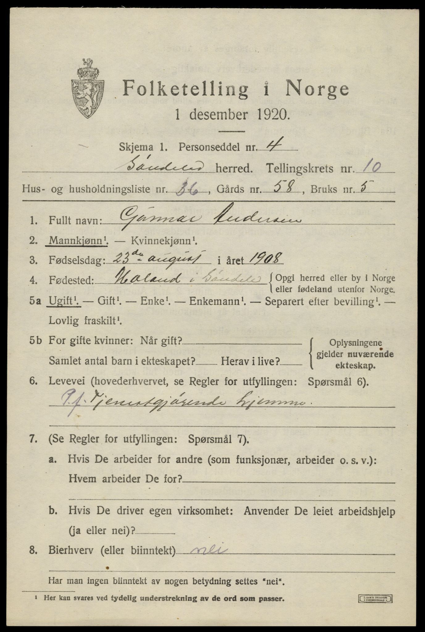 SAK, Folketelling 1920 for 0913 Søndeled herred, 1920, s. 5391