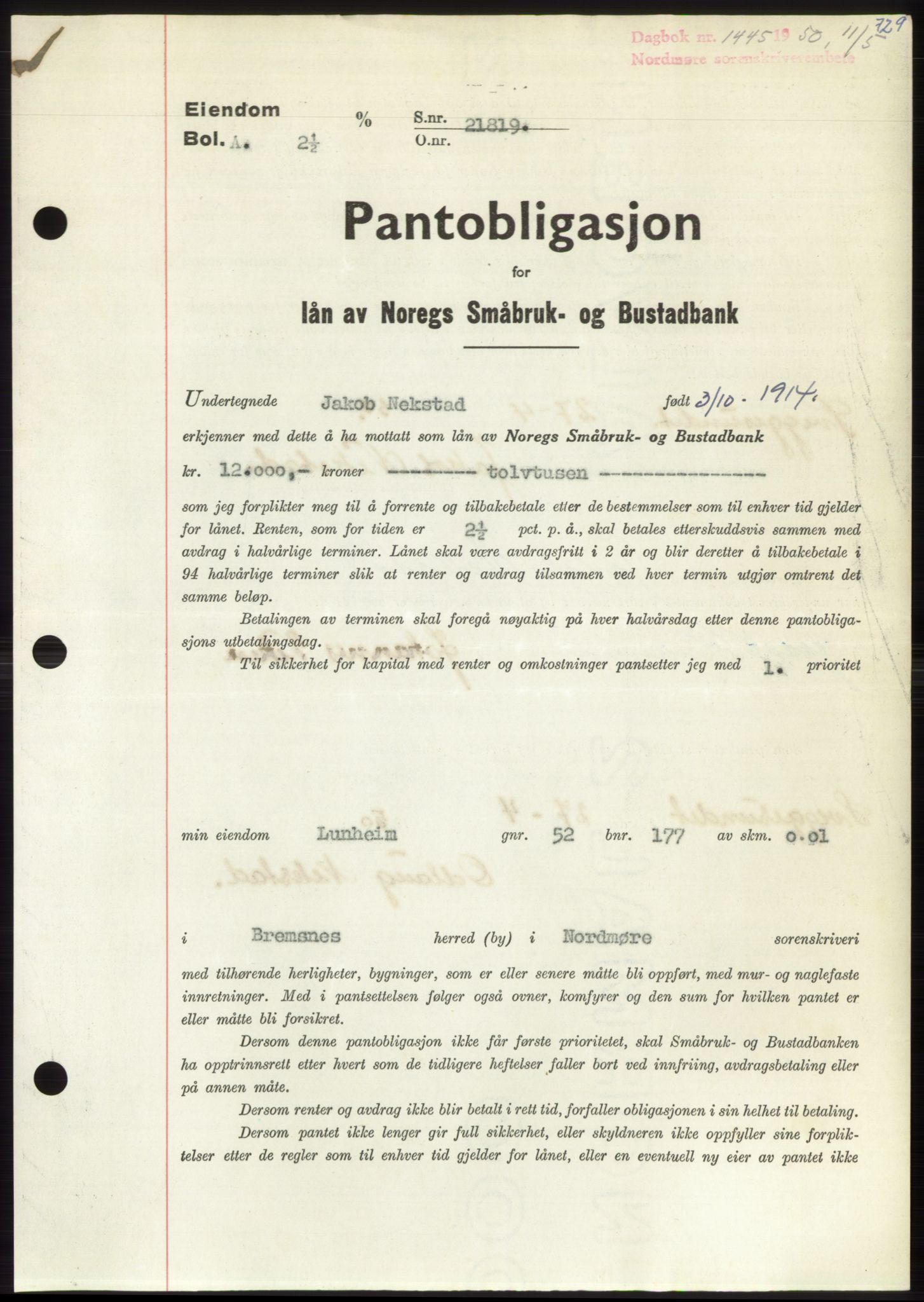 Nordmøre sorenskriveri, SAT/A-4132/1/2/2Ca: Pantebok nr. B104, 1950-1950, Dagboknr: 1445/1950