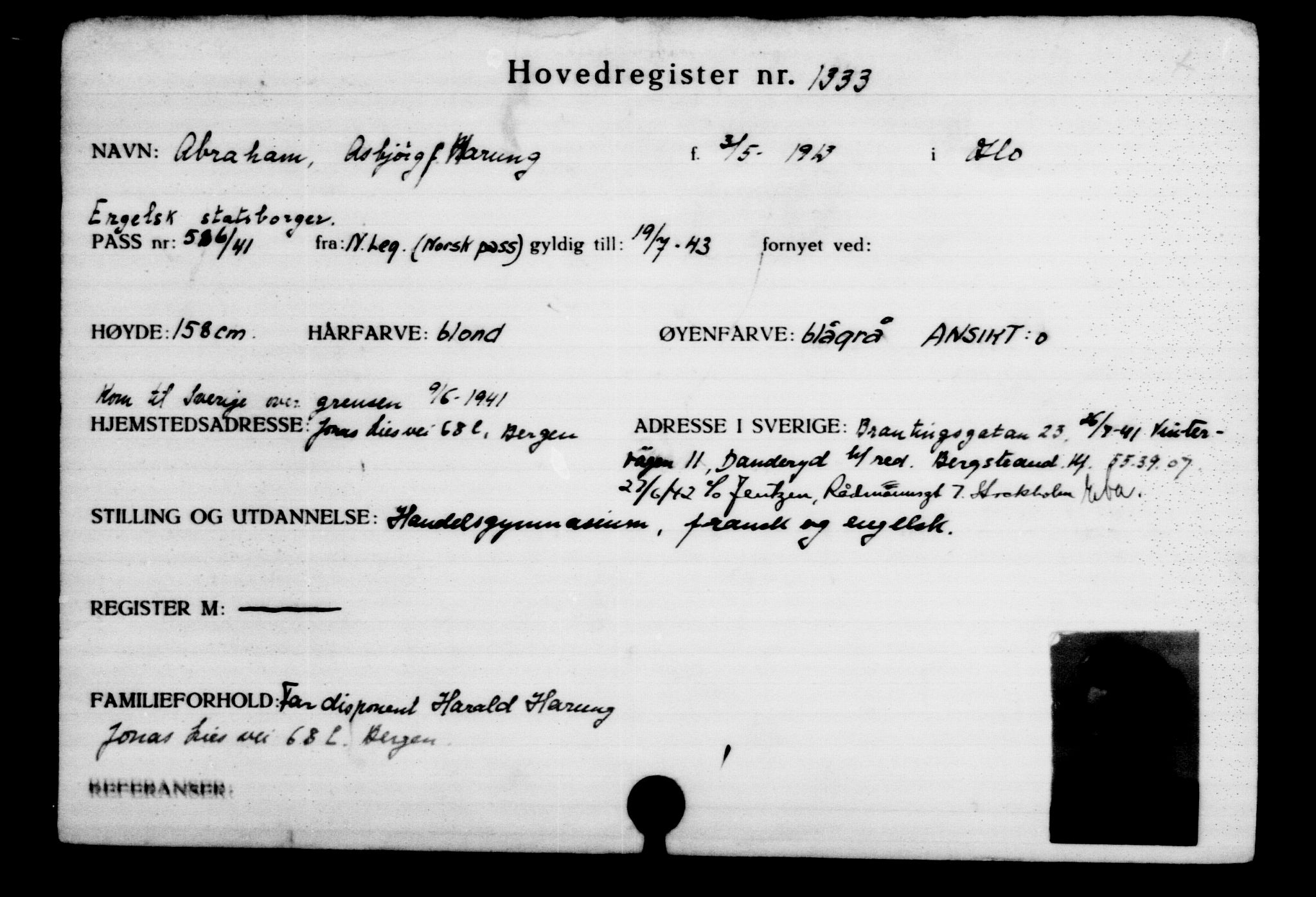Utenriksstasjonene, Legasjonen i Stockholm, Flyktningkontoret, AV/RA-S-6753/V/Va/L0002: Kjesäterkartoteket, flyktninger med registreringsnr. 1001-2000, 1940-1945, s. 487