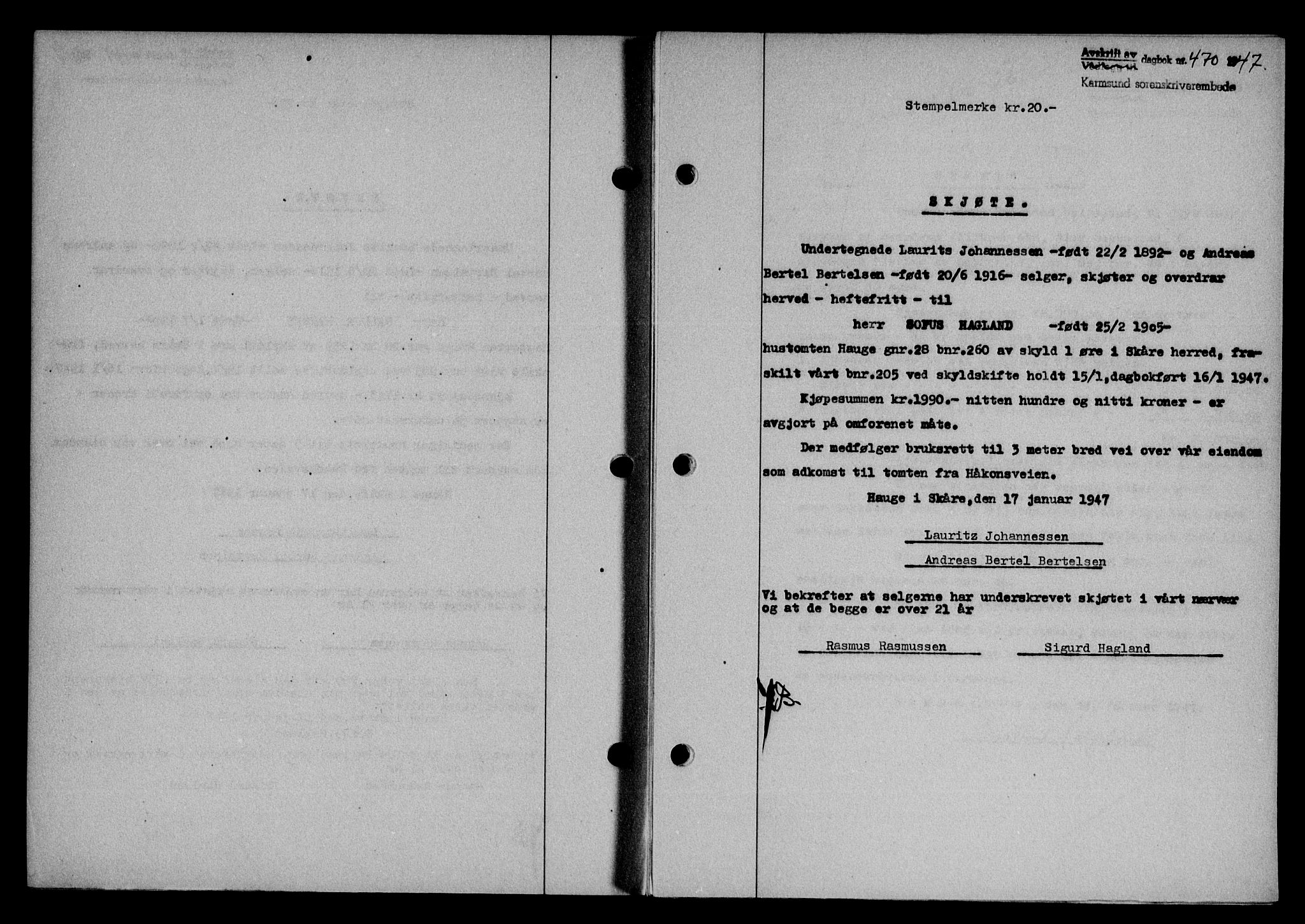 Karmsund sorenskriveri, SAST/A-100311/01/II/IIB/L0089: Pantebok nr. 69A, 1947-1947, Dagboknr: 470/1947