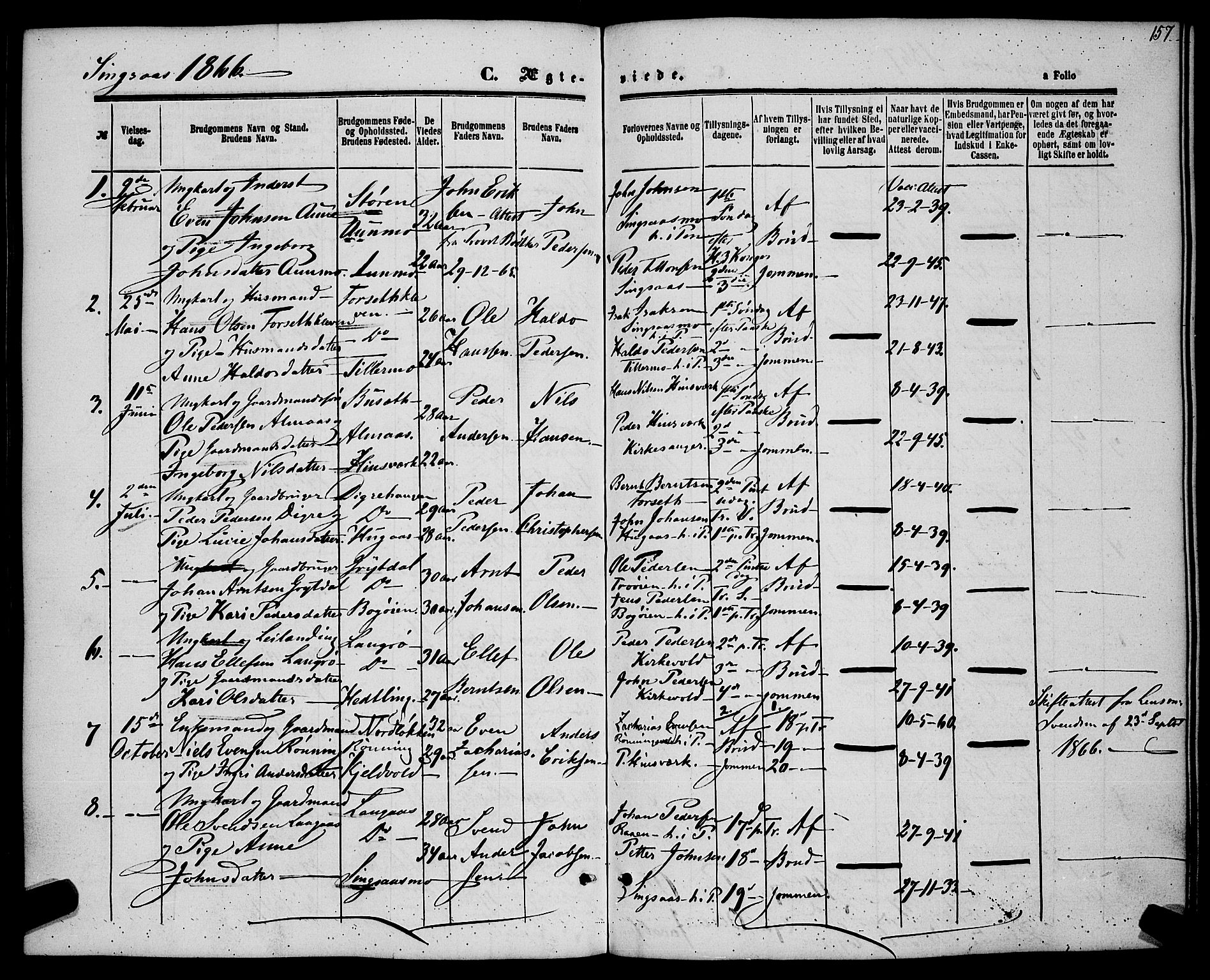 Ministerialprotokoller, klokkerbøker og fødselsregistre - Sør-Trøndelag, AV/SAT-A-1456/685/L0967: Ministerialbok nr. 685A07 /2, 1860-1869, s. 157