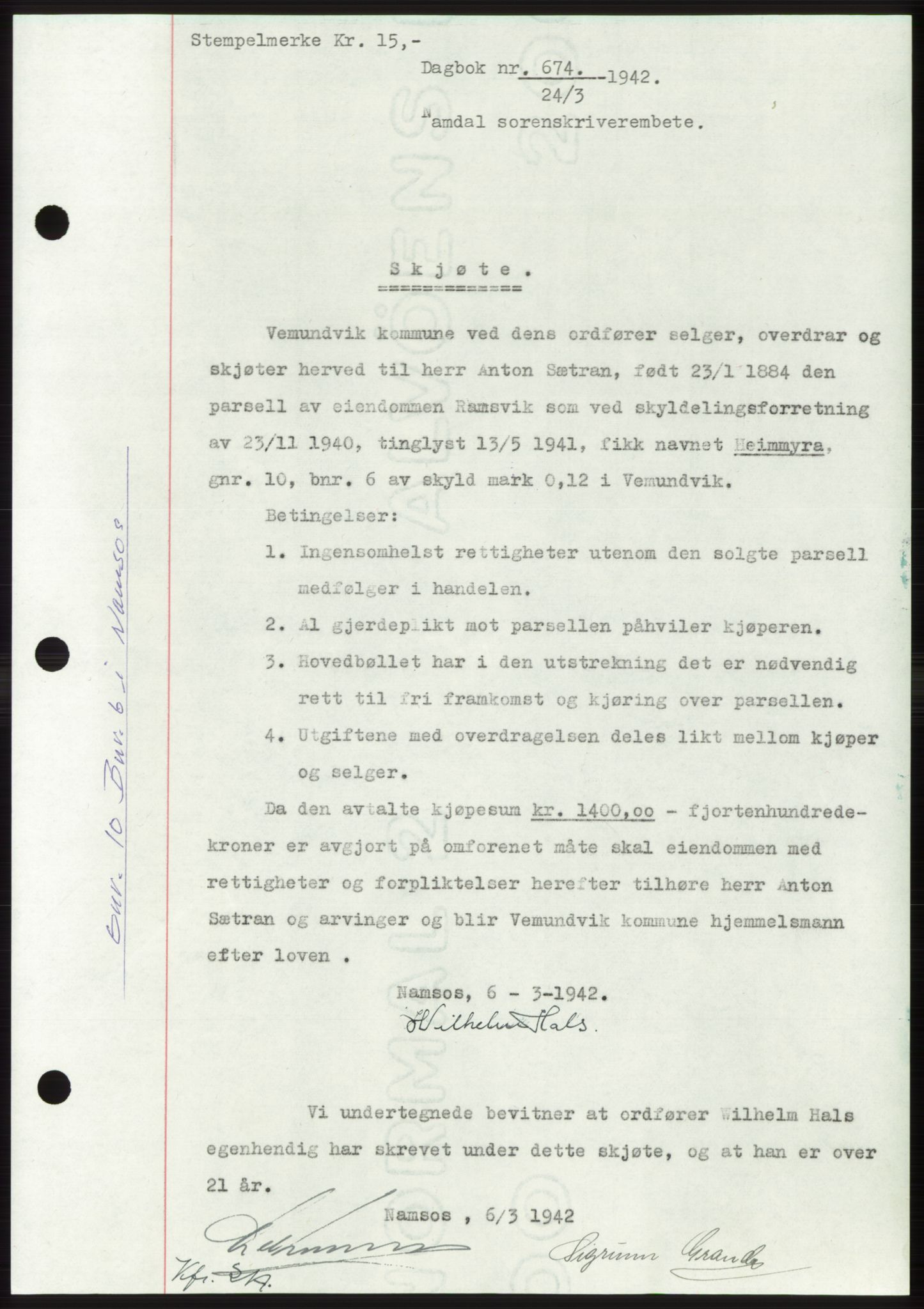Namdal sorenskriveri, SAT/A-4133/1/2/2C: Pantebok nr. -, 1941-1942, Dagboknr: 674/1942