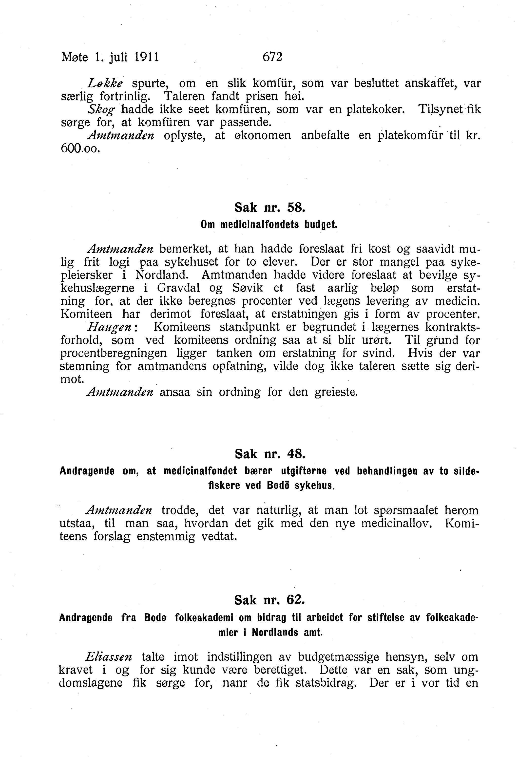 Nordland Fylkeskommune. Fylkestinget, AIN/NFK-17/176/A/Ac/L0034: Fylkestingsforhandlinger 1911, 1911