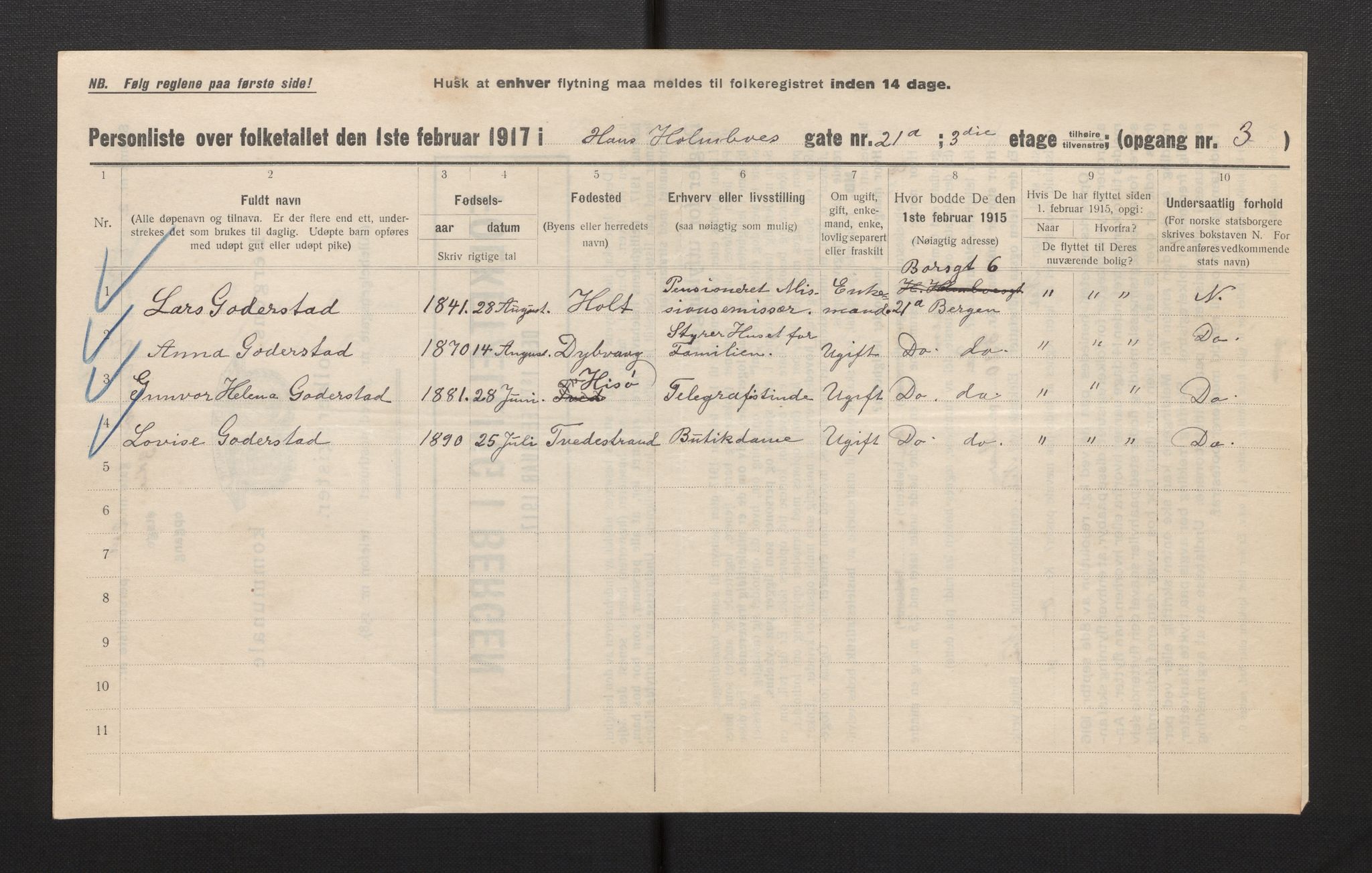 SAB, Kommunal folketelling 1917 for Bergen kjøpstad, 1917, s. 12327