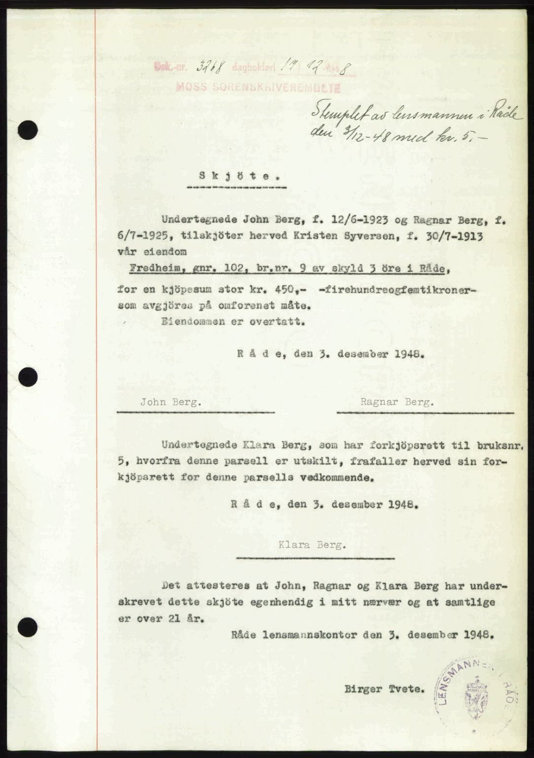 Moss sorenskriveri, SAO/A-10168: Pantebok nr. A20, 1948-1948, Dagboknr: 3268/1948
