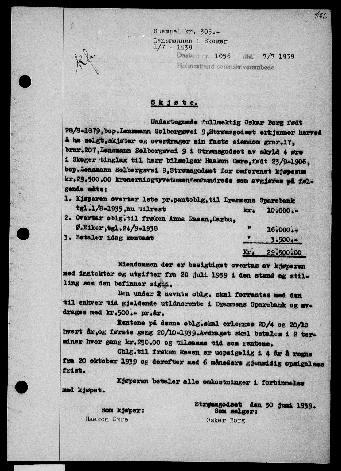 Holmestrand sorenskriveri, SAKO/A-67/G/Ga/Gaa/L0050: Pantebok nr. A-50, 1938-1939, Dagboknr: 1056/1939