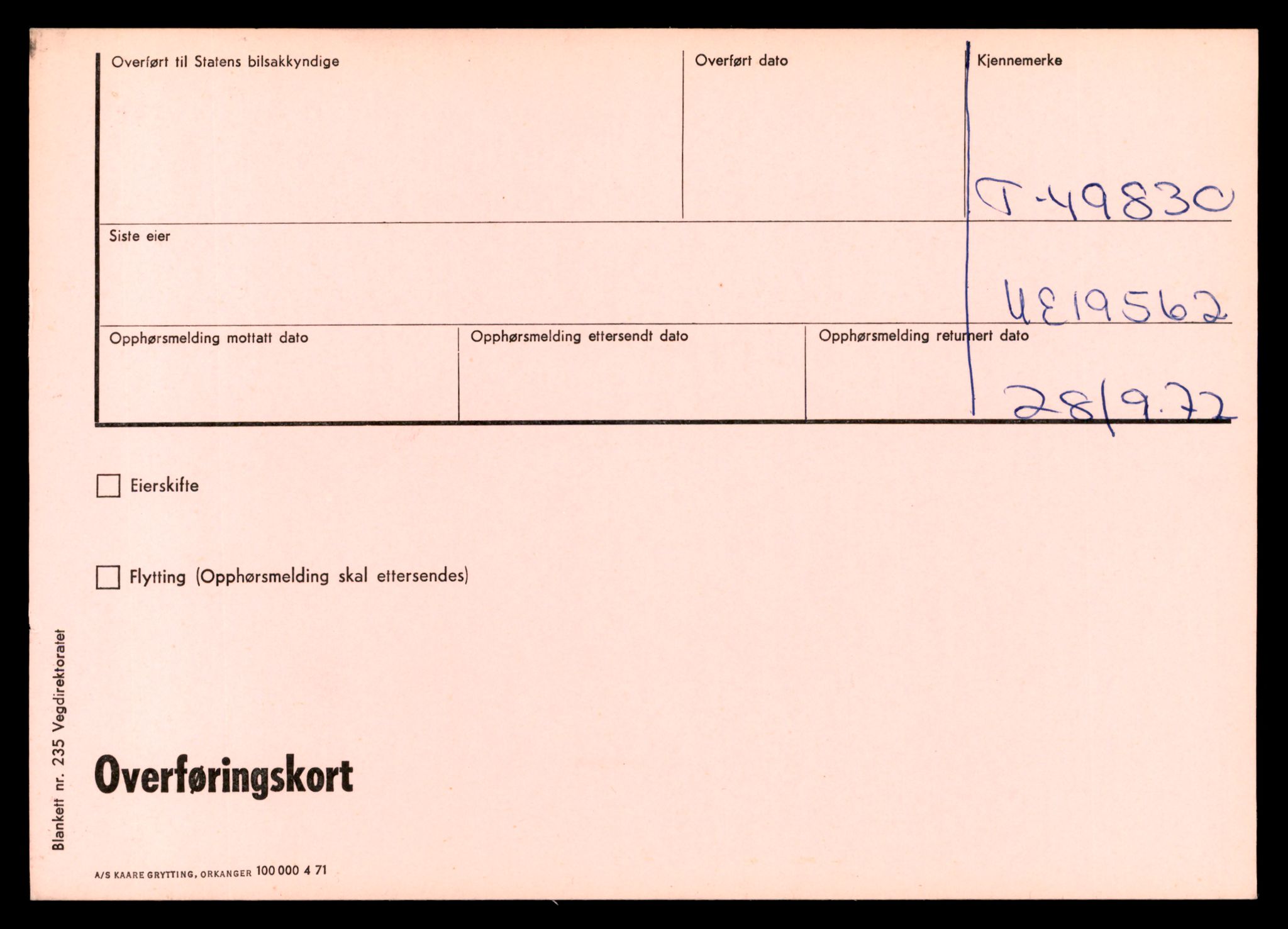 Møre og Romsdal vegkontor - Ålesund trafikkstasjon, SAT/A-4099/F/Ff/L0011: Overførings-/henvisningskort T 49830 - T 51913, 1927-1998, s. 1