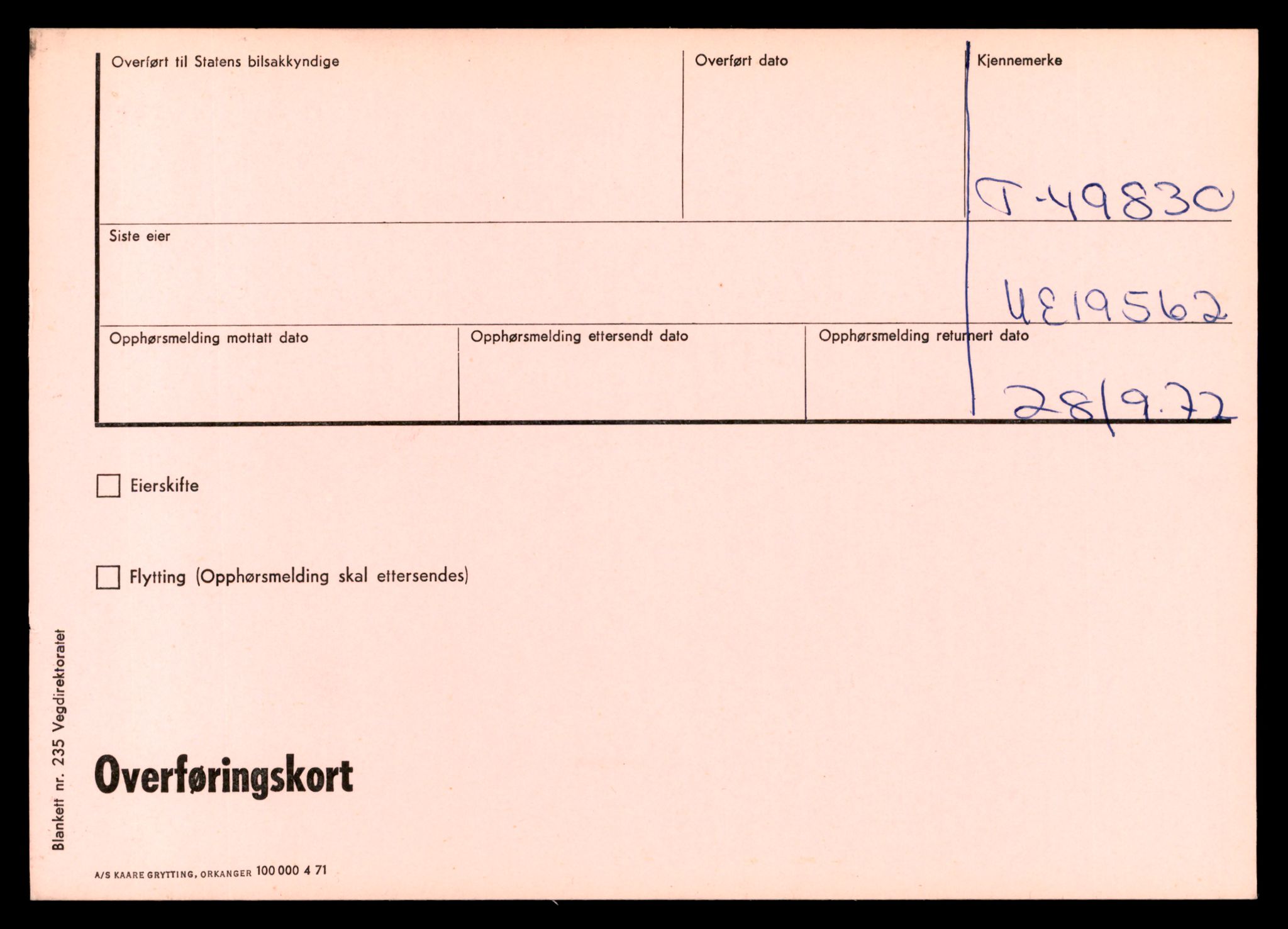 Møre og Romsdal vegkontor - Ålesund trafikkstasjon, AV/SAT-A-4099/F/Ff/L0011: Overførings-/henvisningskort T 49830 - T 51913, 1927-1998, s. 1