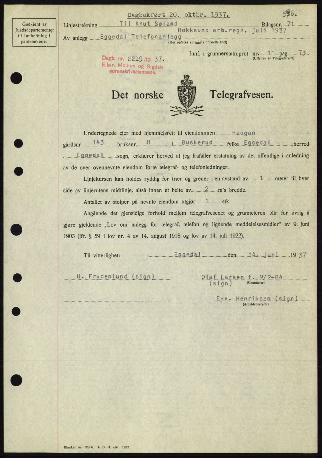 Eiker, Modum og Sigdal sorenskriveri, SAKO/A-123/G/Ga/Gab/L0036: Pantebok nr. A6, 1937-1937, Dagboknr: 2219/1937