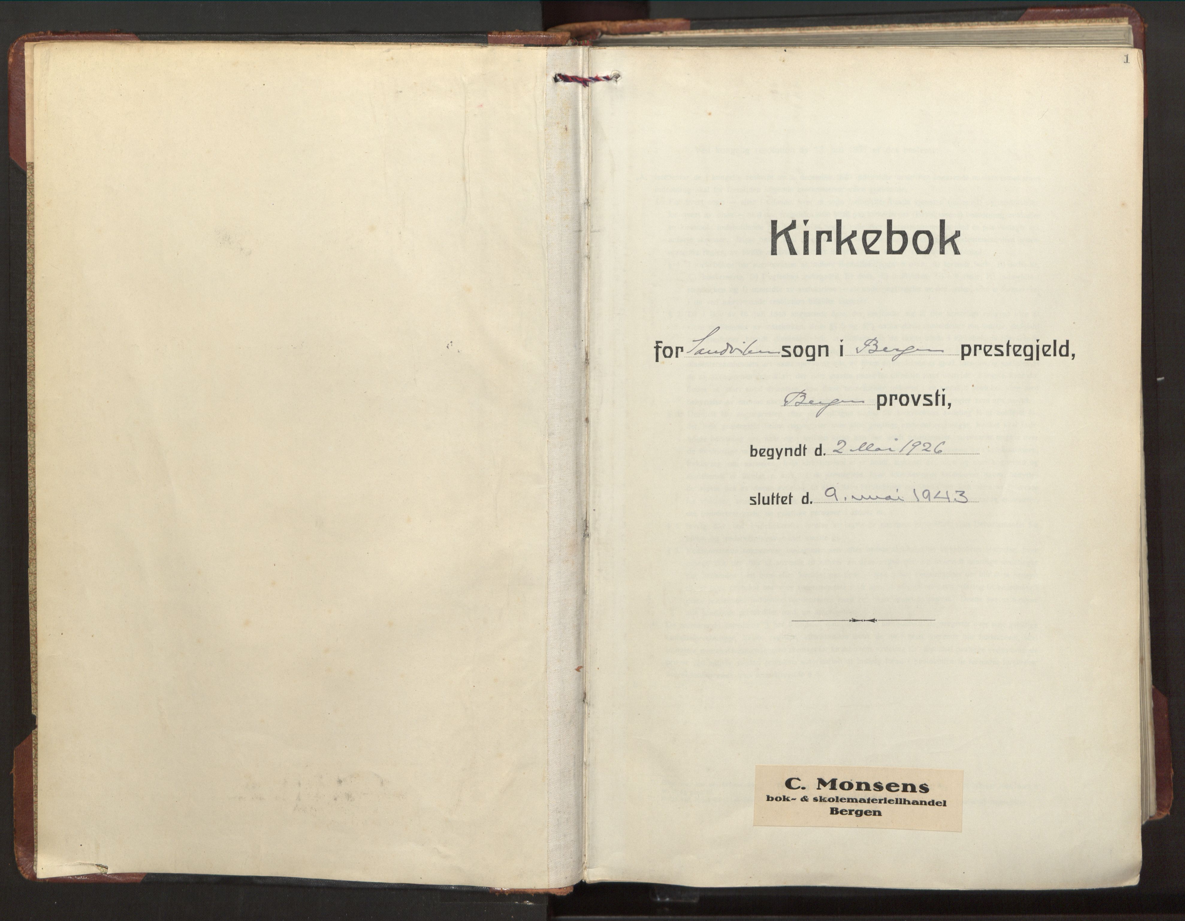 Sandviken Sokneprestembete, SAB/A-77601/H/Ha/L0013: Ministerialbok nr. C 4, 1926-1943, s. 1