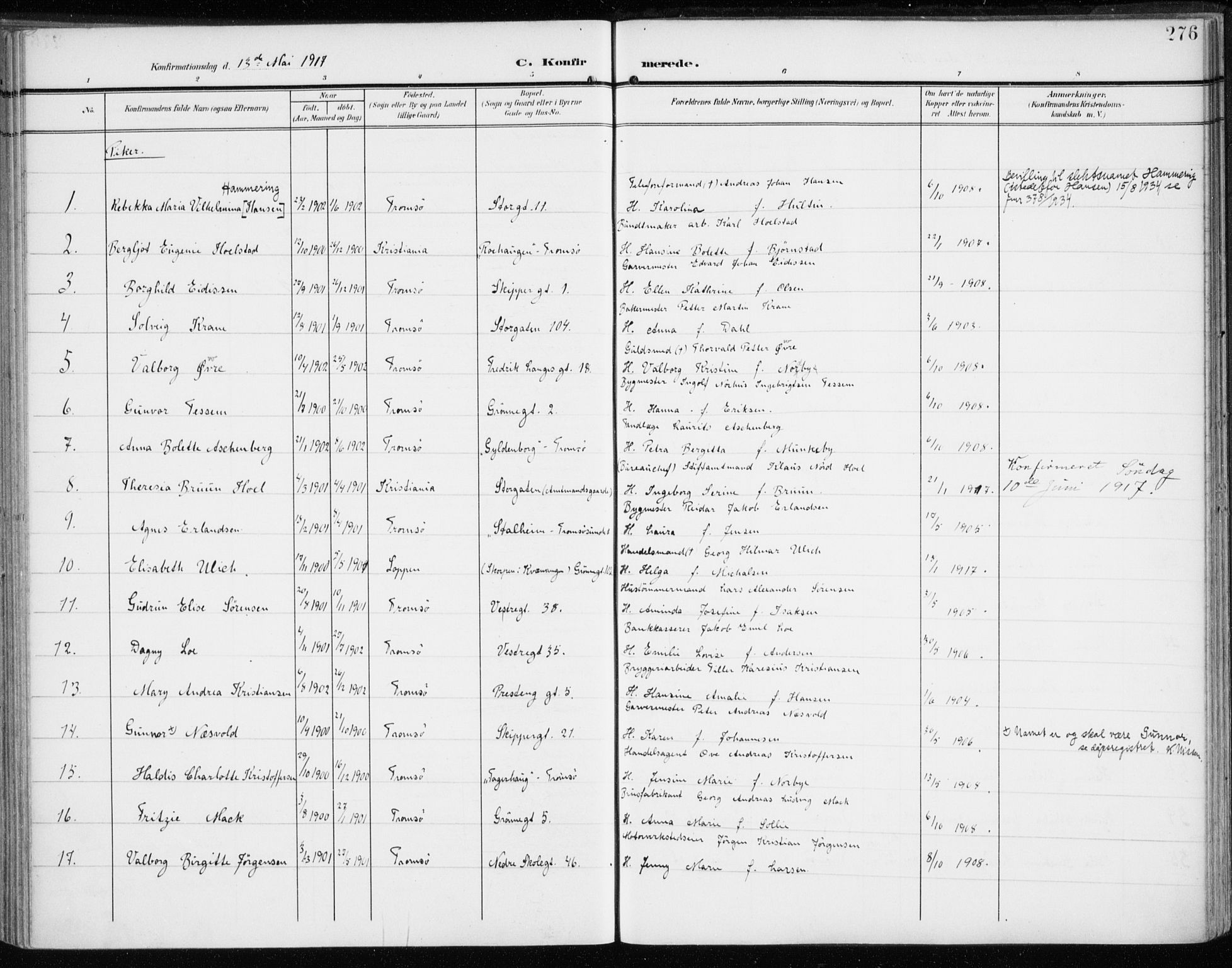 Tromsø sokneprestkontor/stiftsprosti/domprosti, AV/SATØ-S-1343/G/Ga/L0017kirke: Ministerialbok nr. 17, 1907-1917, s. 276