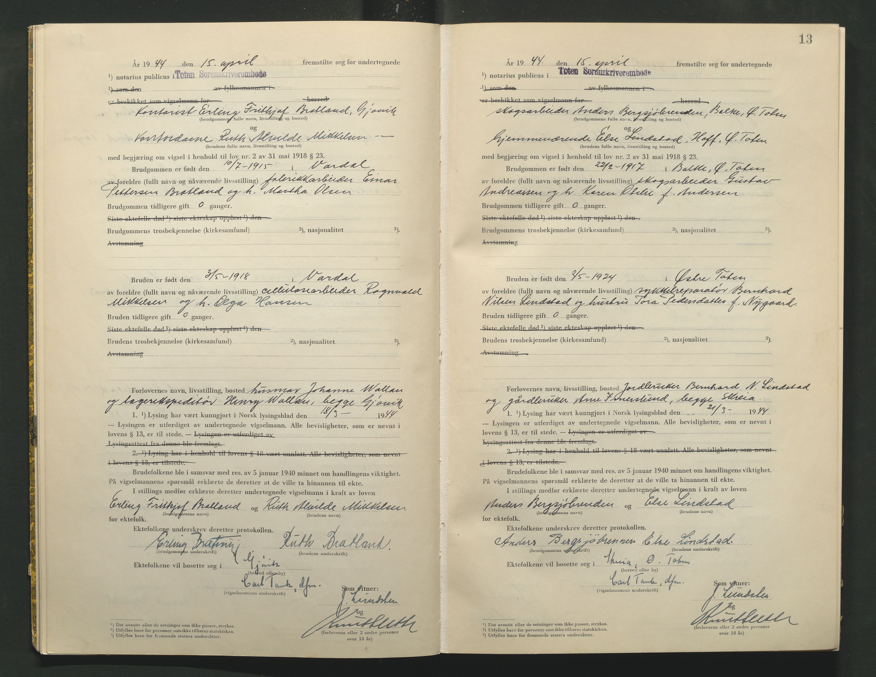 Toten tingrett, AV/SAH-TING-006/L/Lc/L0004: Vigselbok, 1944, s. 13