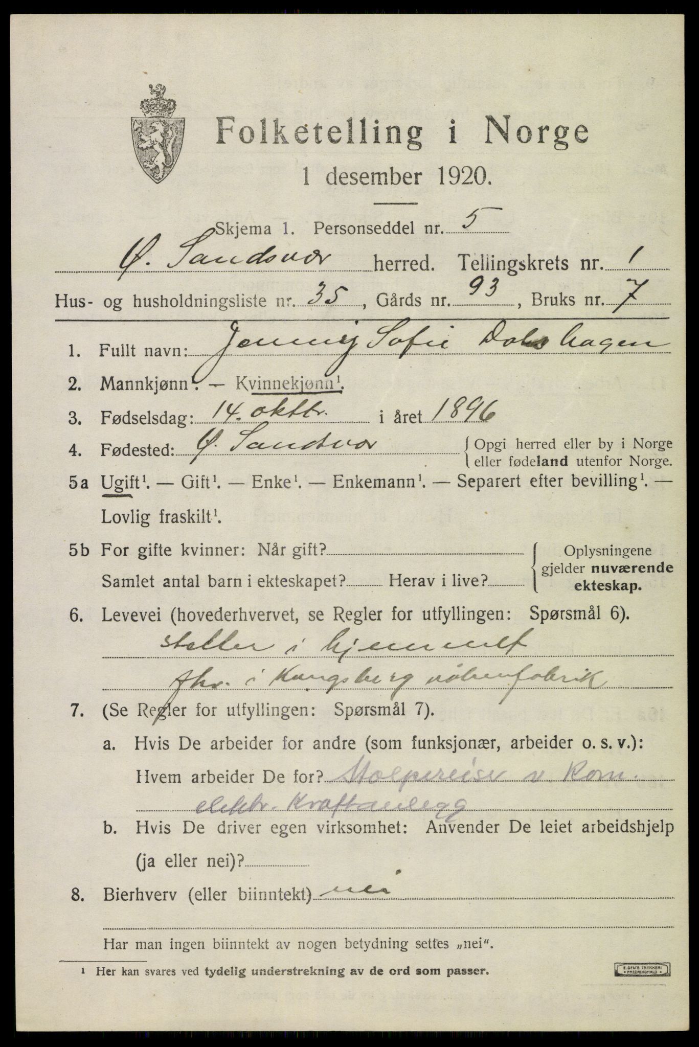 SAKO, Folketelling 1920 for 0630 Øvre Sandsvær herred, 1920, s. 1364