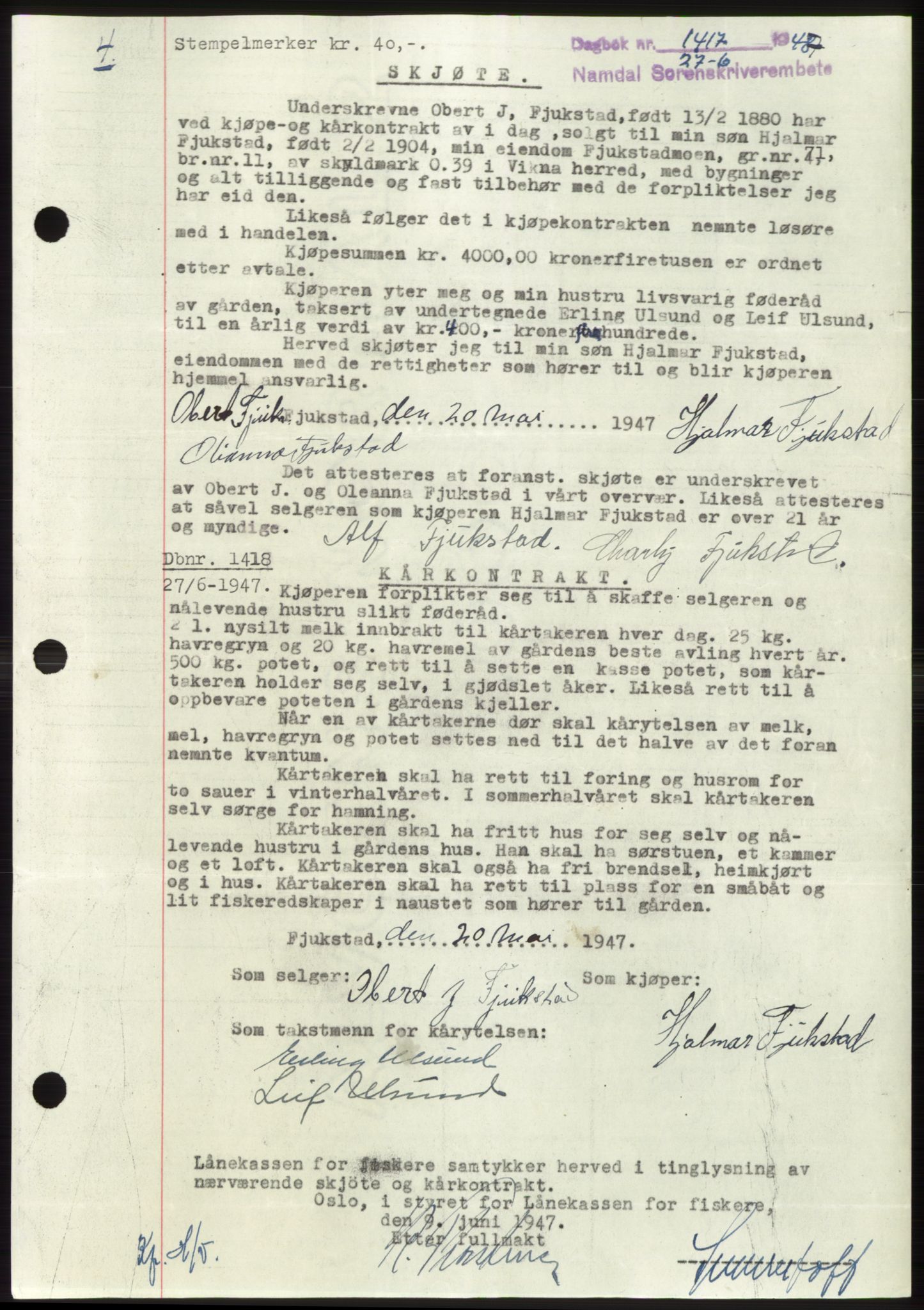 Namdal sorenskriveri, SAT/A-4133/1/2/2C: Pantebok nr. -, 1947-1947, Dagboknr: 1417/1947