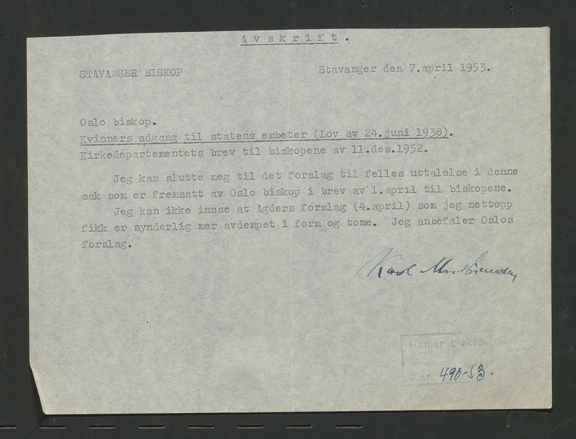 Biskopen i Hamar, AV/SAH-BISKOP-001/D/Db/L0009/0004: Saksarkiv lagt alfabetisk etter emne / Kvinner i statsembeter, 1938-1956