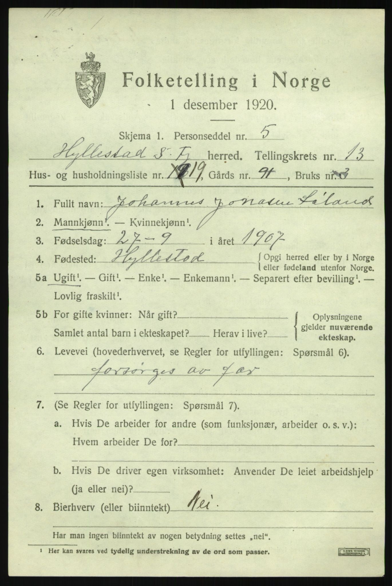 SAB, Folketelling 1920 for 1413 Hyllestad herred, 1920, s. 5086