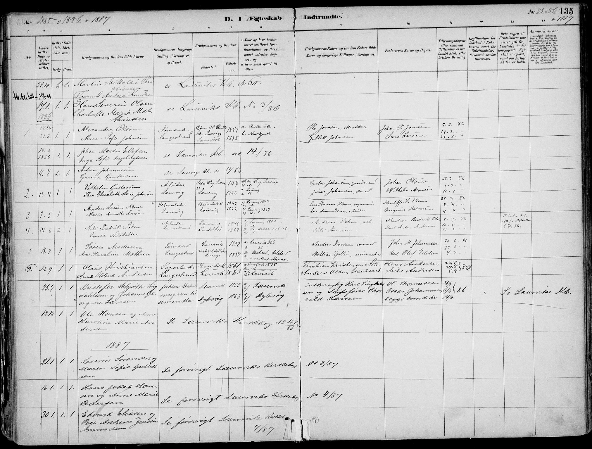 Larvik kirkebøker, AV/SAKO-A-352/F/Fb/L0004: Ministerialbok nr. II 4, 1884-1902, s. 135