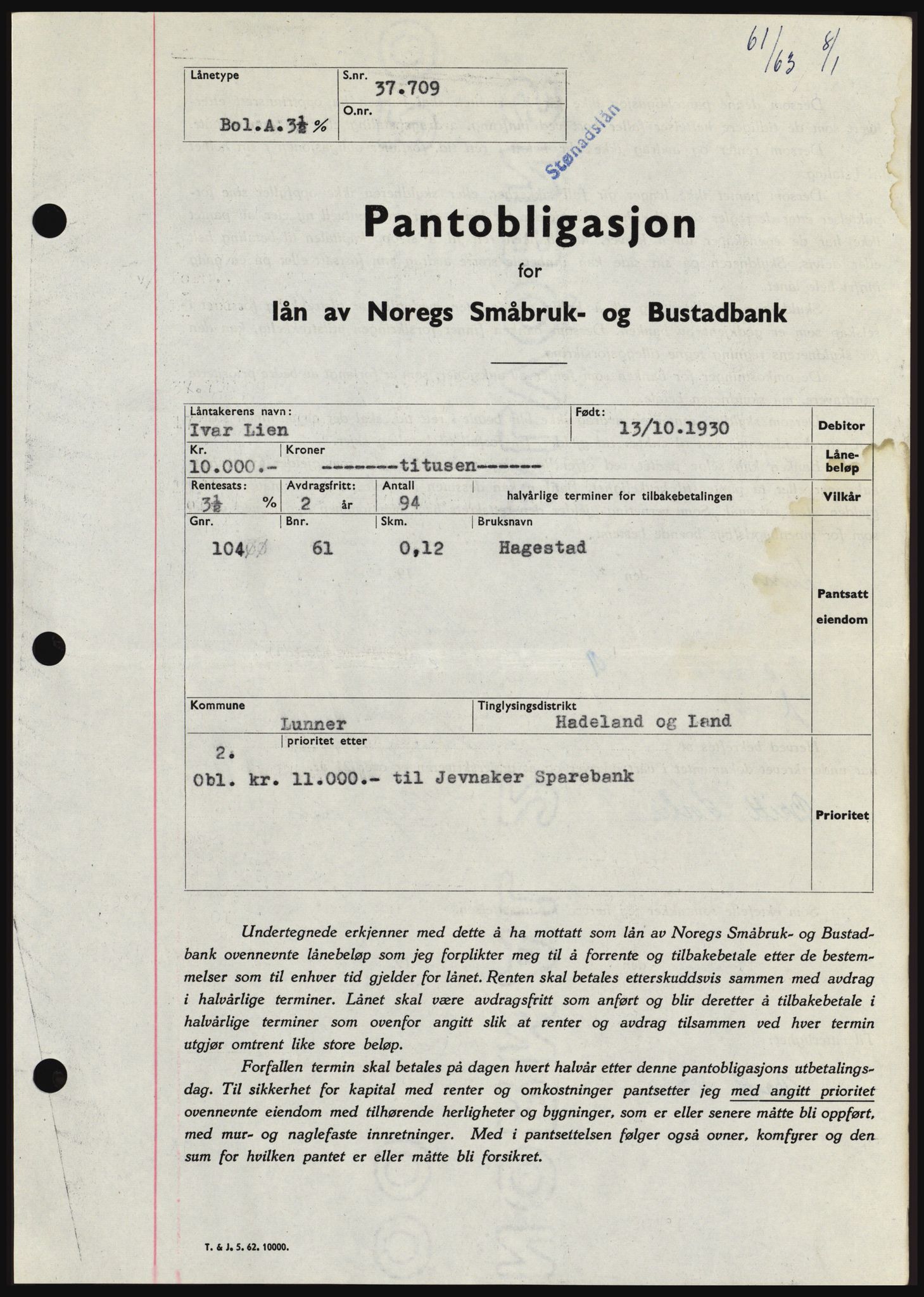 Hadeland og Land tingrett, SAH/TING-010/H/Hb/Hbc/L0050: Pantebok nr. B50, 1962-1963, Dagboknr: 61/1963