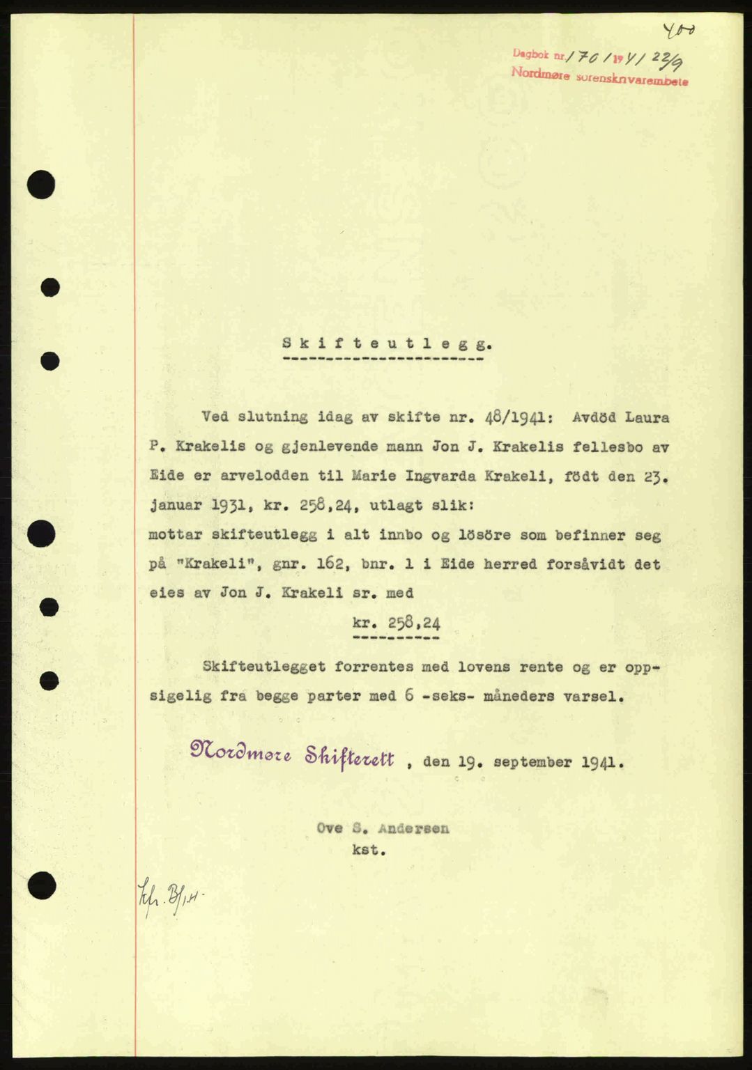 Nordmøre sorenskriveri, SAT/A-4132/1/2/2Ca: Pantebok nr. B88, 1941-1942, Dagboknr: 1701/1941