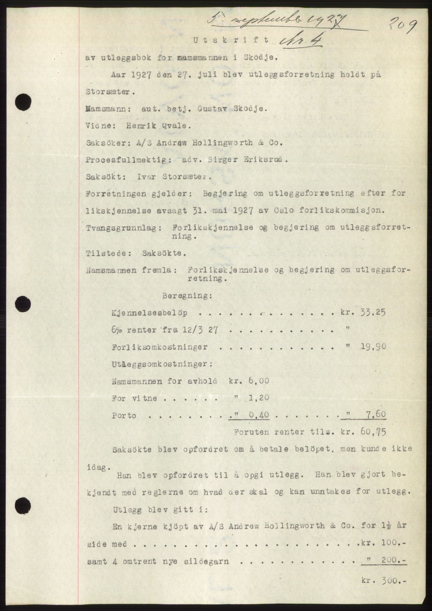 Nordre Sunnmøre sorenskriveri, AV/SAT-A-0006/1/2/2C/2Ca/L0037: Pantebok nr. 40, 1927-1927, Tingl.dato: 05.09.1927