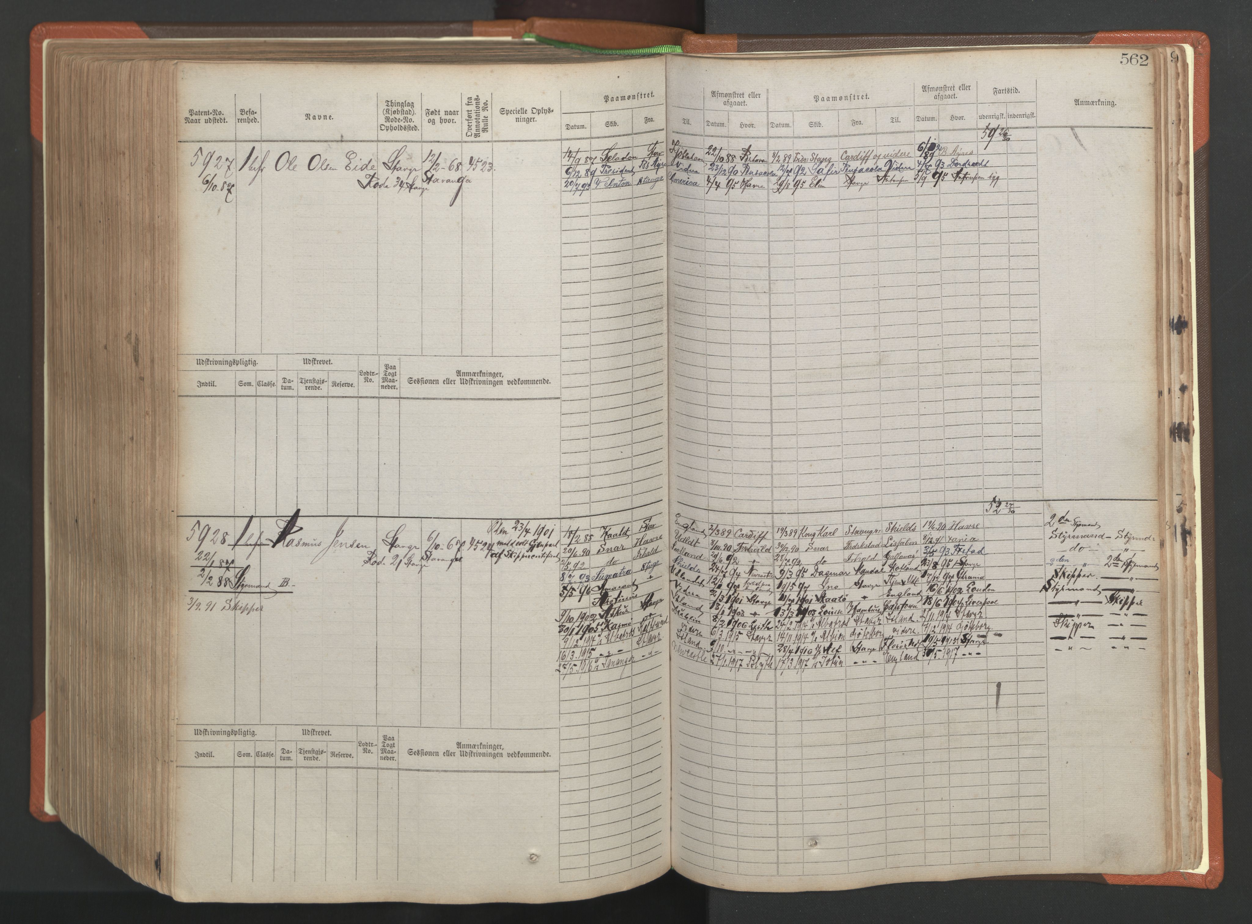 Stavanger sjømannskontor, AV/SAST-A-102006/F/Fb/Fbb/L0009: Sjøfartshovedrulle, patentnr. 4805-6006, 1879-1887, s. 568